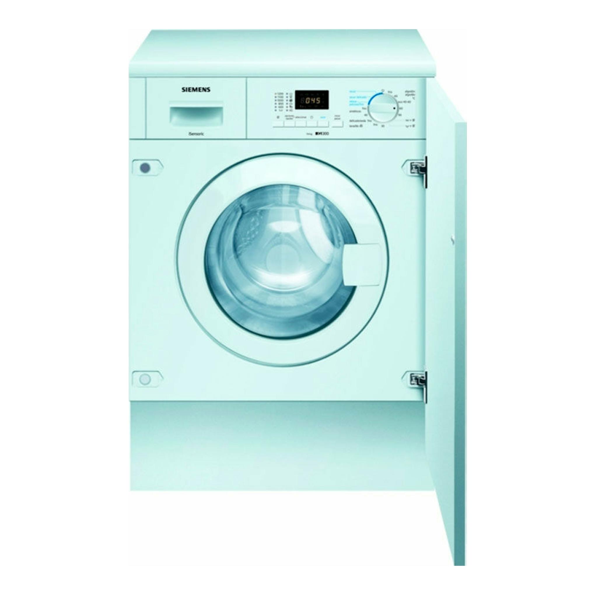 Lavasecadora integrable Siemens WK12D322ES blanca, vista frontal con puerta de mueble abierta y ojo de buey circular.