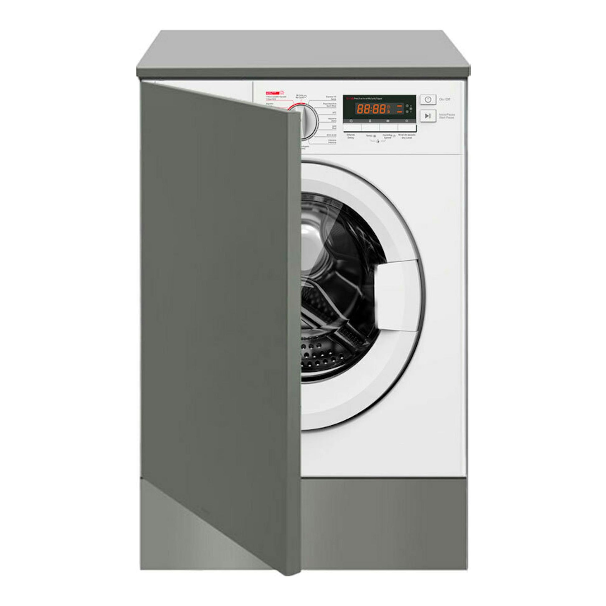Lavasecadora integrable Teka LSI61480 blanca, vista frontal con puerta gris abierta.