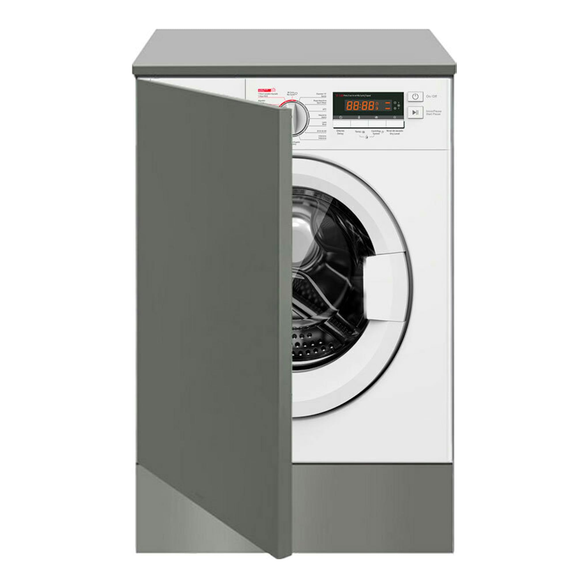 Lavasecadora integrable Teka LSI61480 blanca, vista frontal con puerta gris abierta.