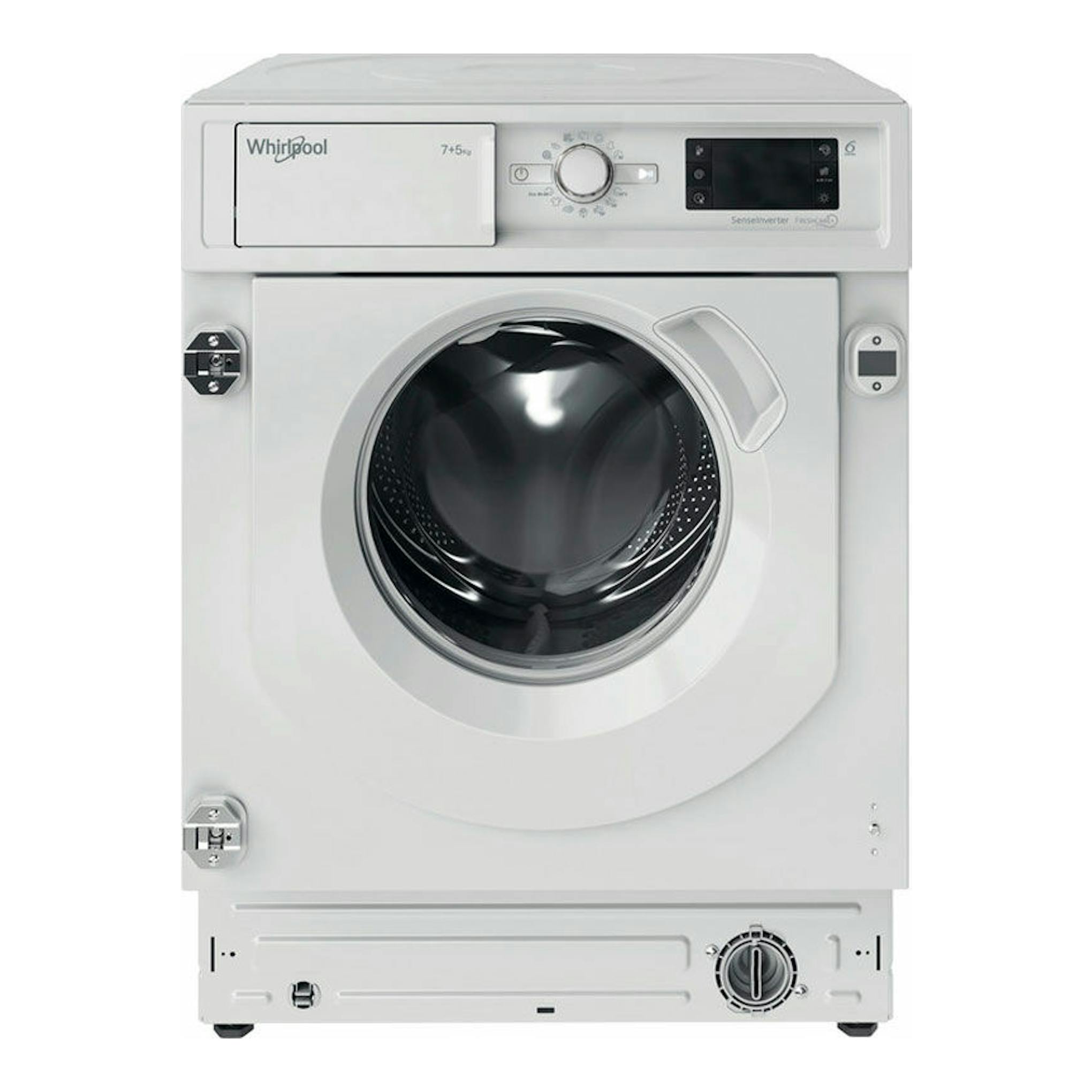 Lavasecadora integrable Whirlpool BIWDWG751482EUN blanca, vista frontal, con puerta circular y panel superior.