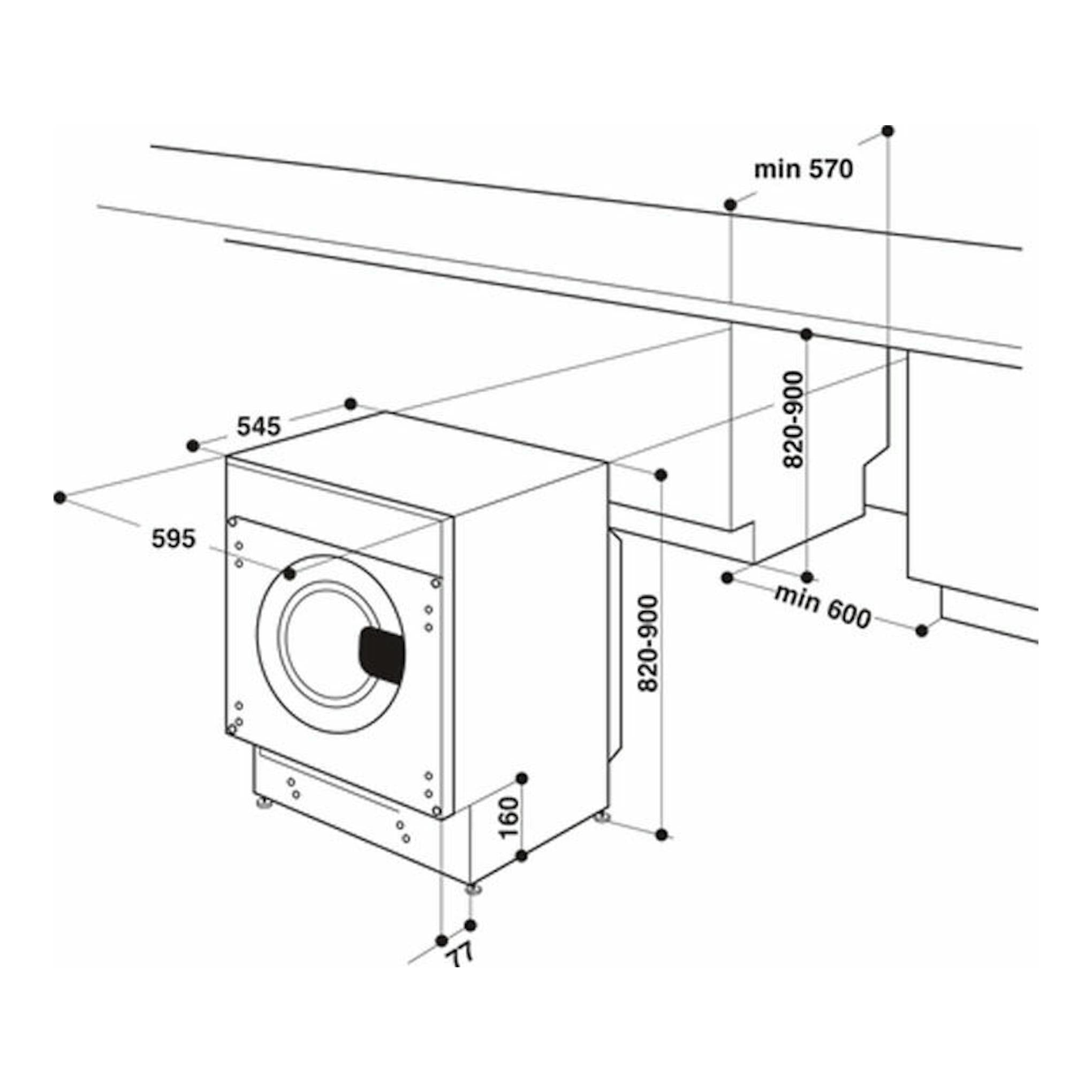 Esquema de instalación de lavasecadora integrable Whirlpool BIWDWG751482EUN, vista frontal, con medidas.