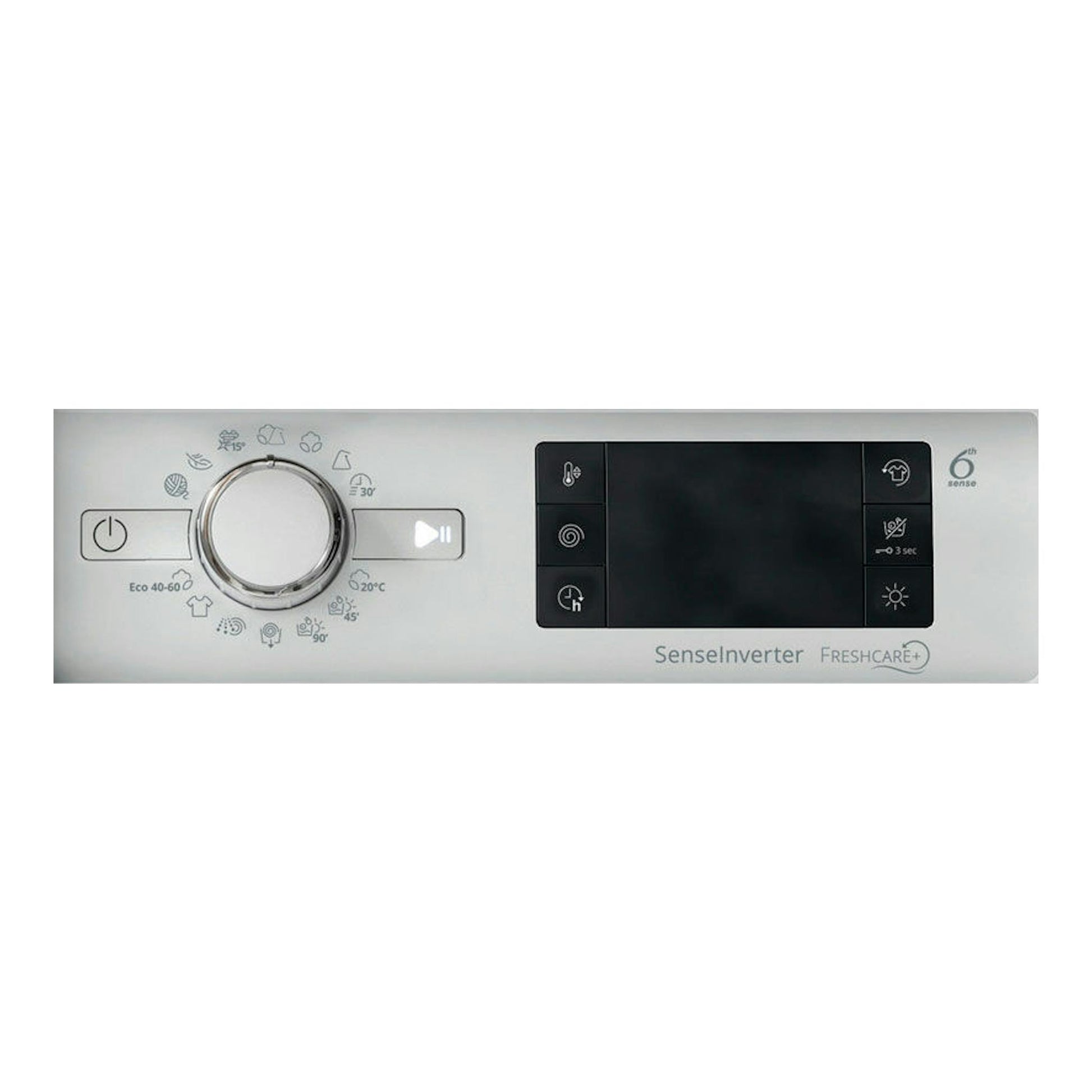 Vista frontal del panel de lavasecadora integrable Whirlpool BIWDWG751482EUN, blanco, con pantalla negra y selector.