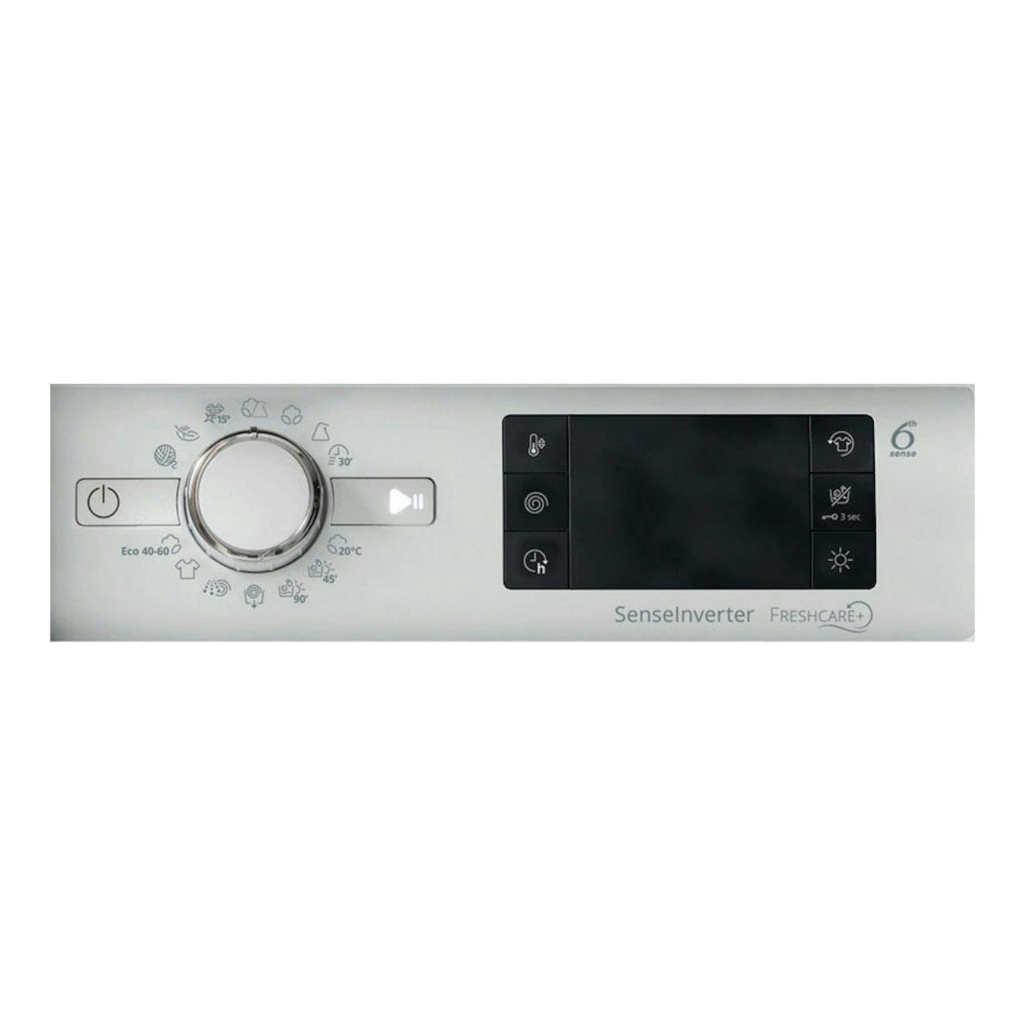 Vista frontal del panel de lavasecadora integrable Whirlpool BIWDWG751482EUN, blanco, con pantalla negra y selector.