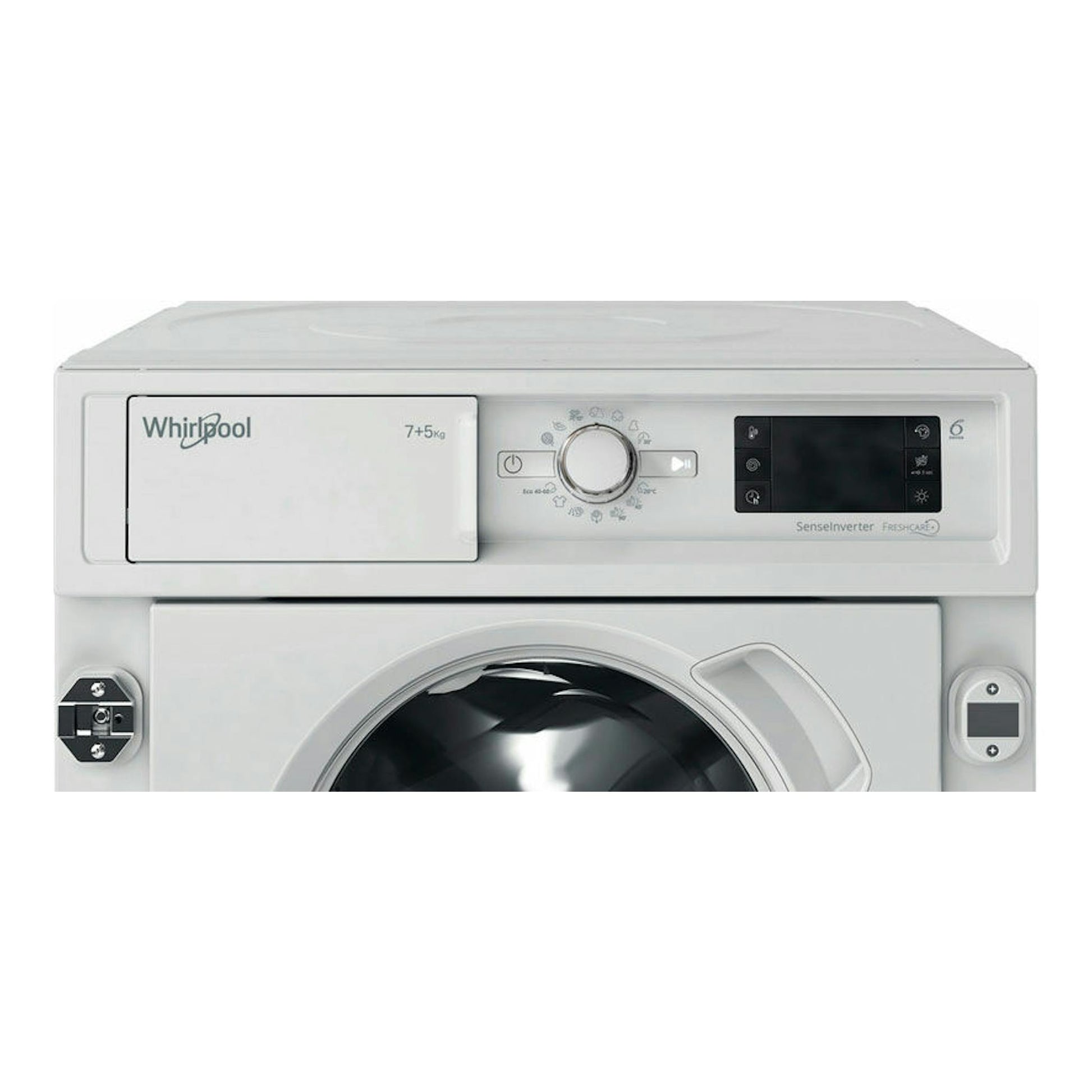 Lavasecadora integrable Whirlpool BIWDWG751482EUN, vista frontal, blanca, con puerta circular y panel digital.