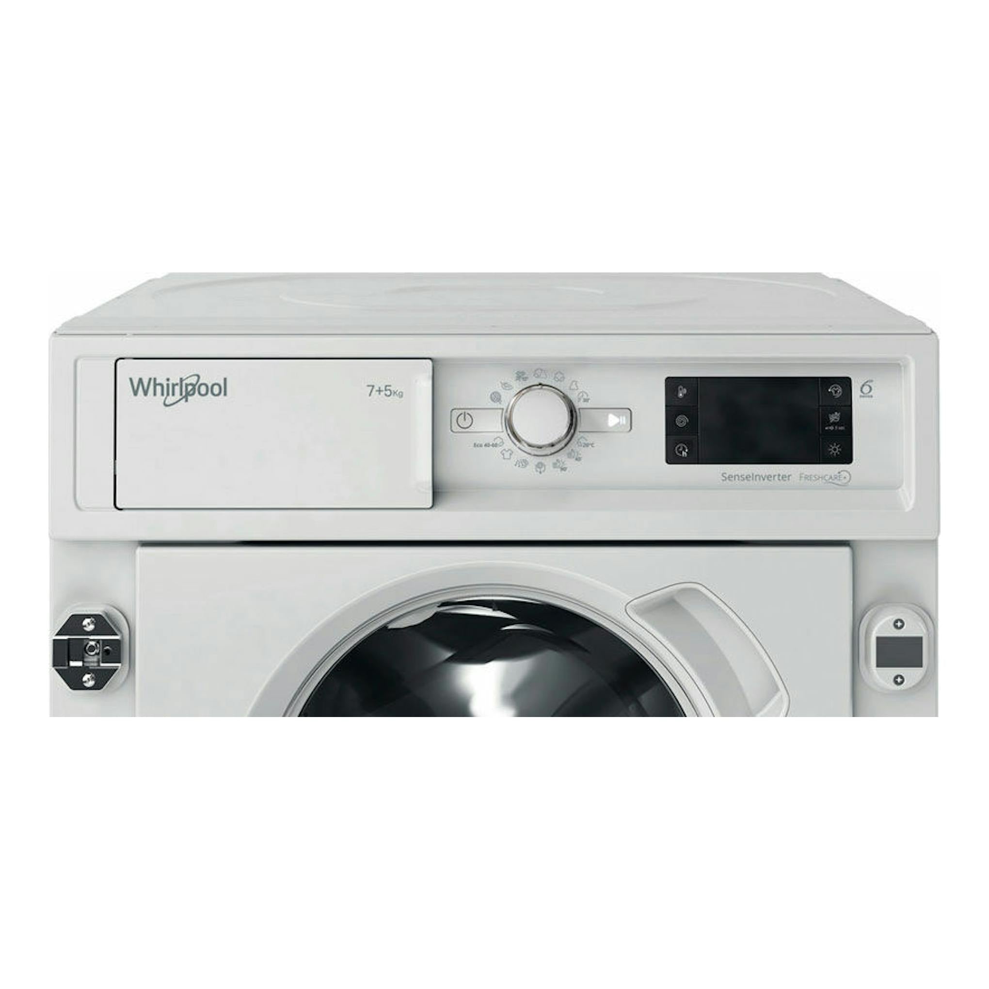Lavasecadora integrable Whirlpool BIWDWG751482EUN, vista frontal, blanca, con puerta circular y panel digital.