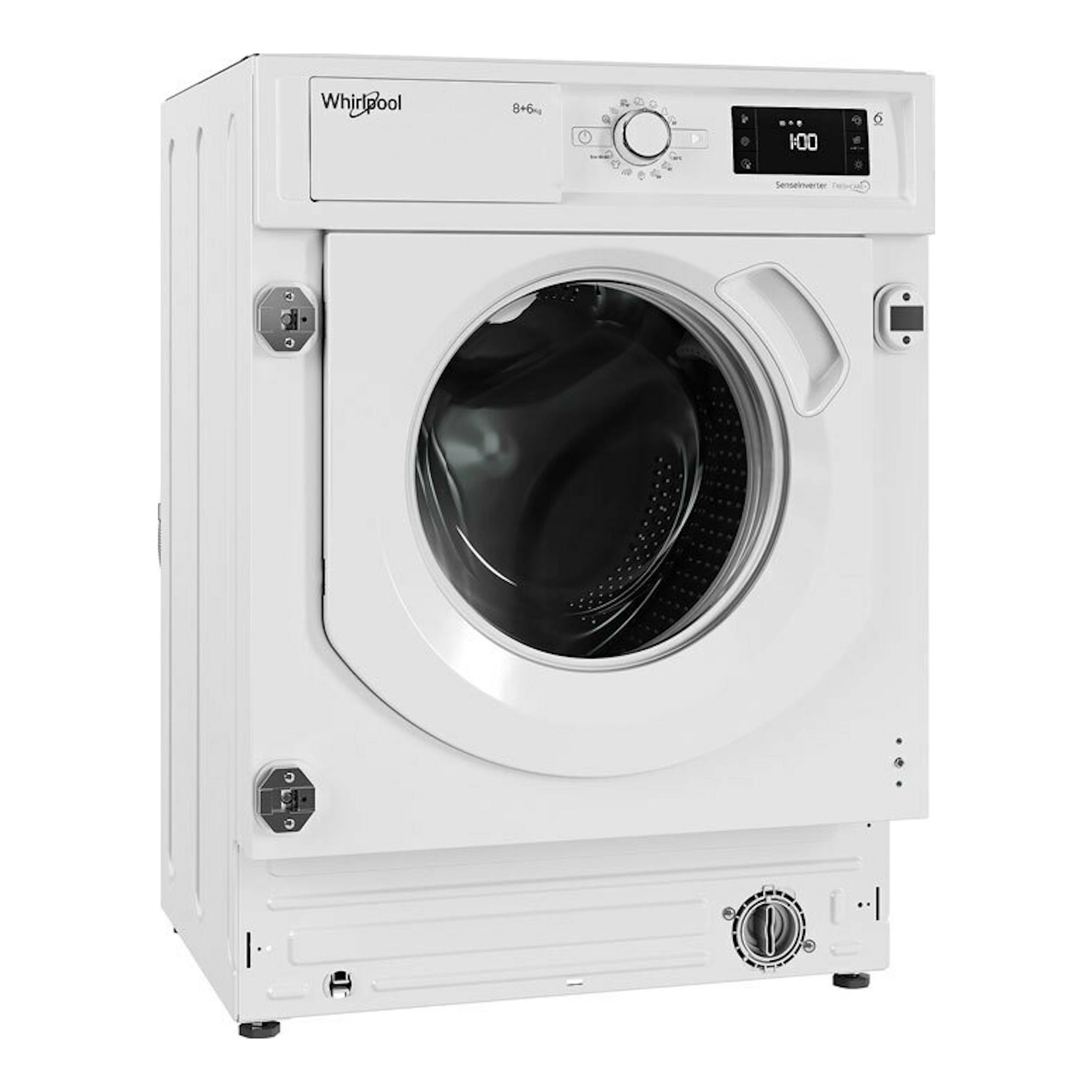 Lavasecadora integrable Whirlpool BIWDWG861485 EU blanca, vista frontal con puerta circular y panel digital.