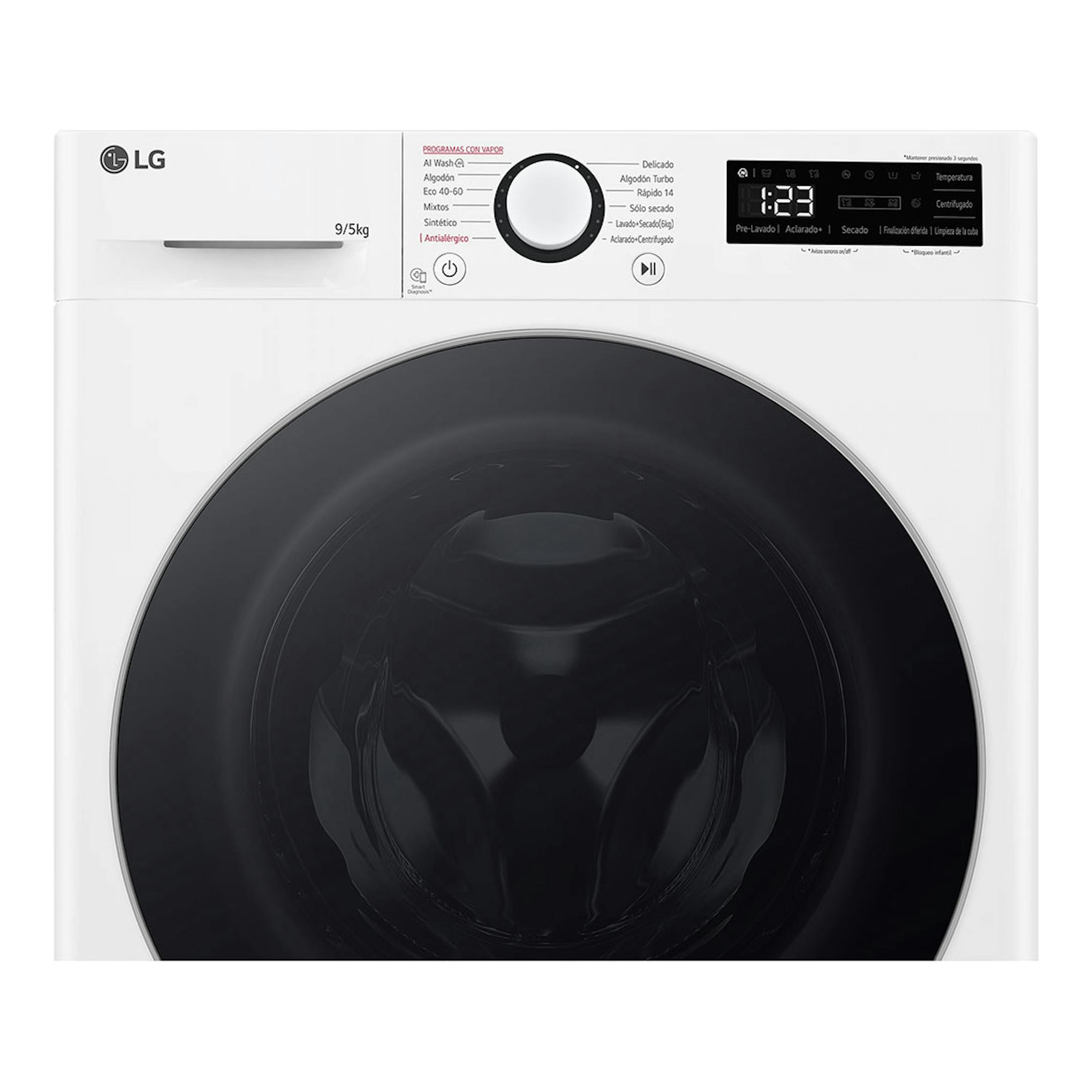 Lavasecadora LG F2DR5S09A1W blanca, vista frontal, con puerta negra circular y panel de control superior.