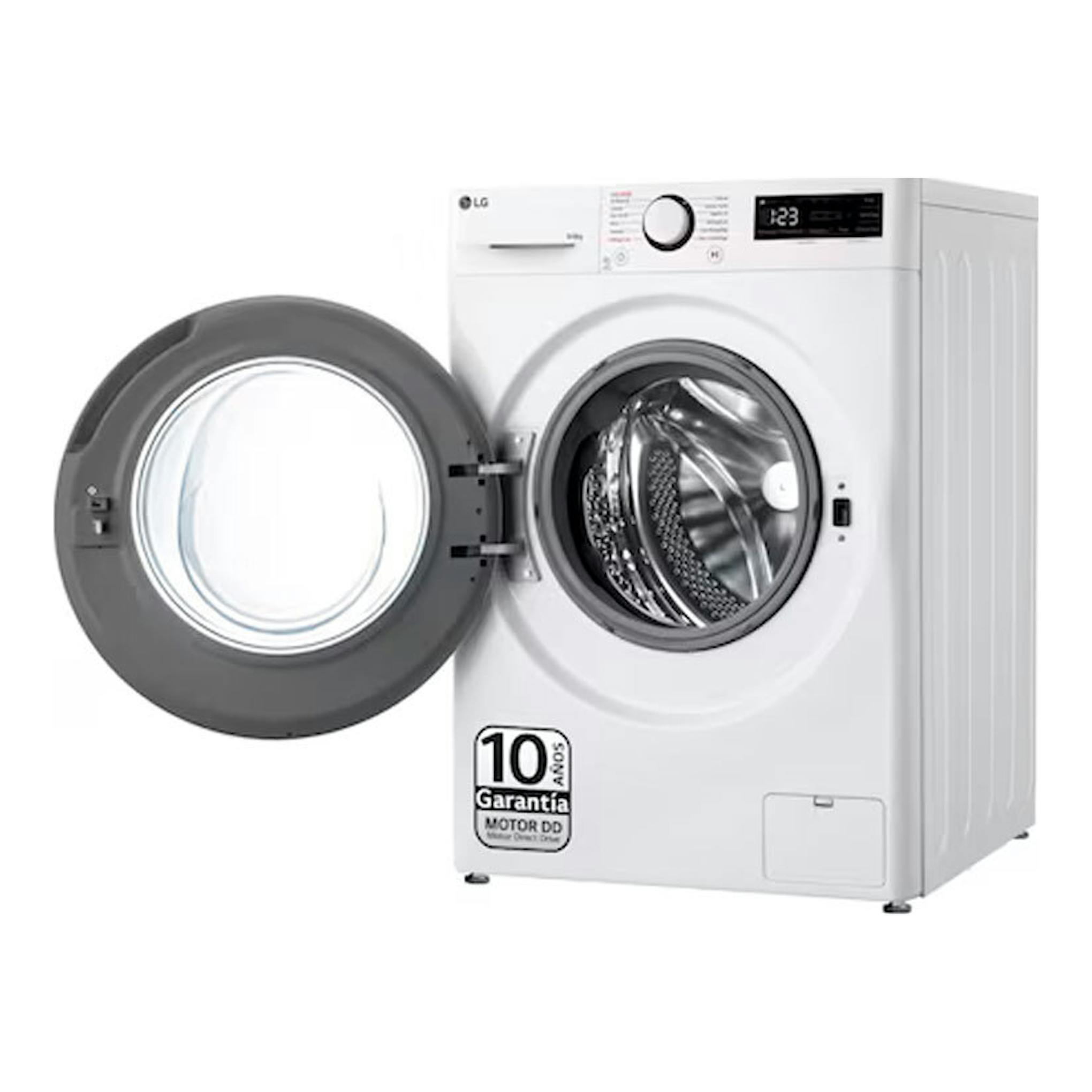 Lavasecadora LG F4DR5009A3W blanca, vista frontal con puerta abierta.
