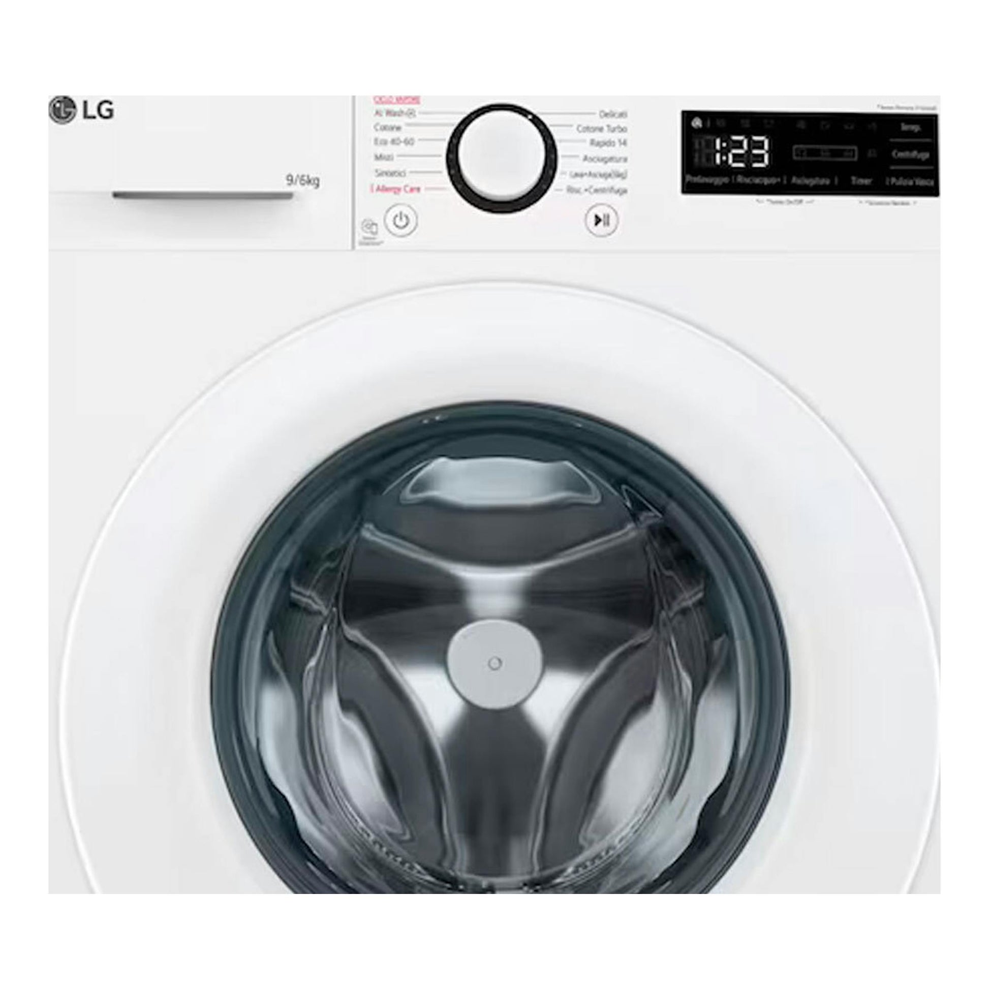 Lavasecadora LG F4DR5009A3W blanca, vista frontal, con puerta circular y panel digital superior.