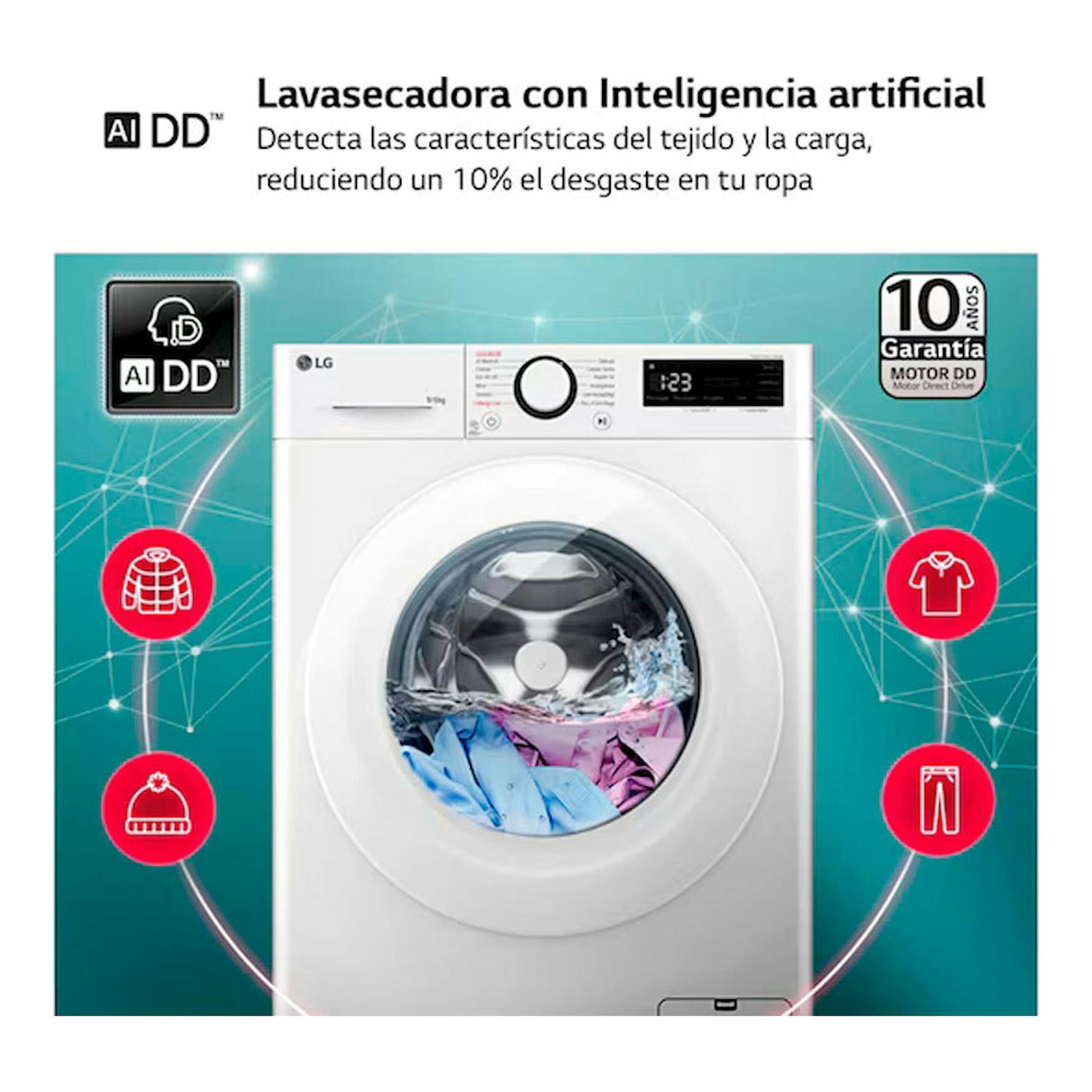 Lavasecadora LG F4DR5009A3W blanca, vista frontal, con ropa en el tambor y textos de AI DD y garantía.