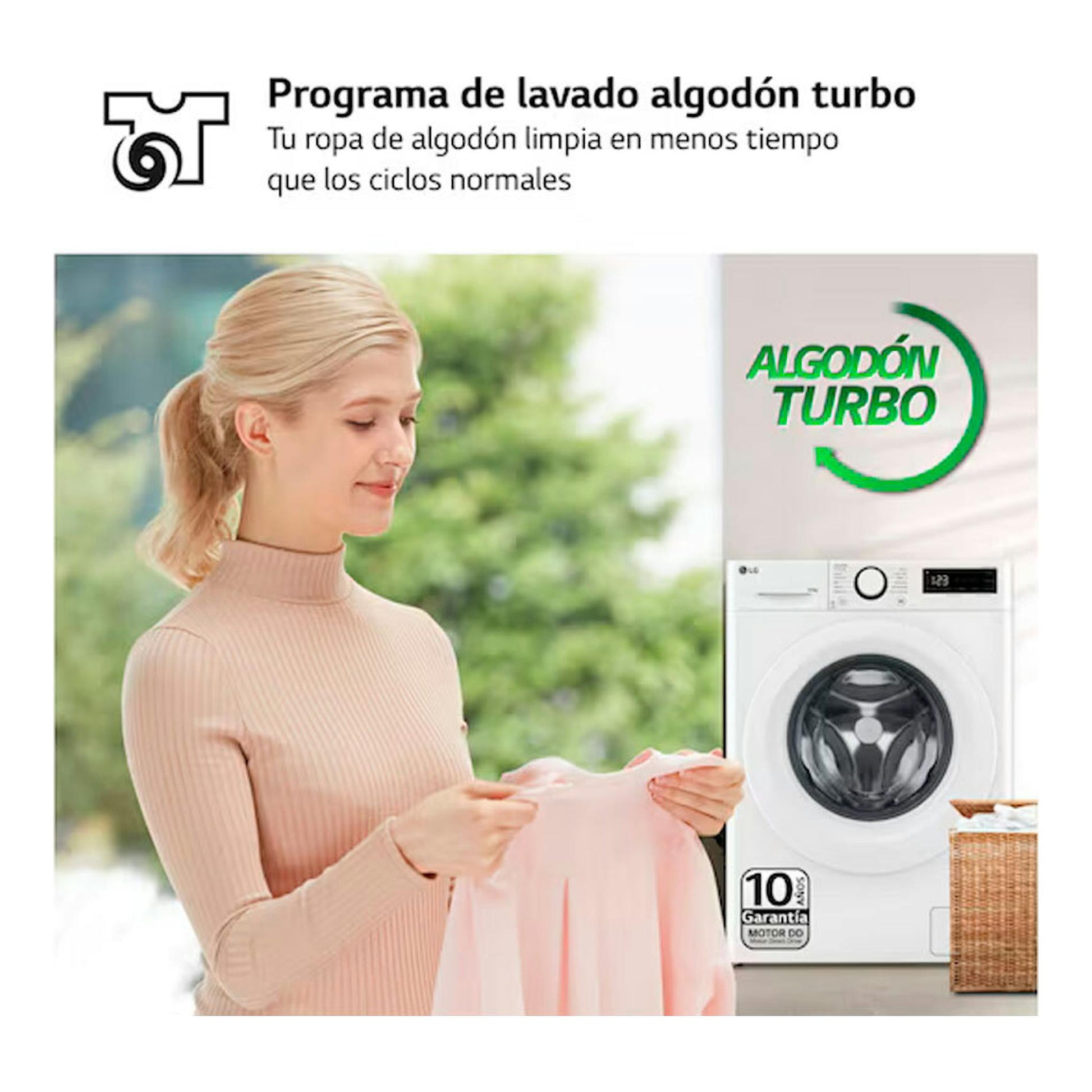 Lavasecadora LG F4DR5009A3W blanca, vista frontal, en anuncio con mujer sosteniendo una prenda rosa y texto Algodón Turbo.