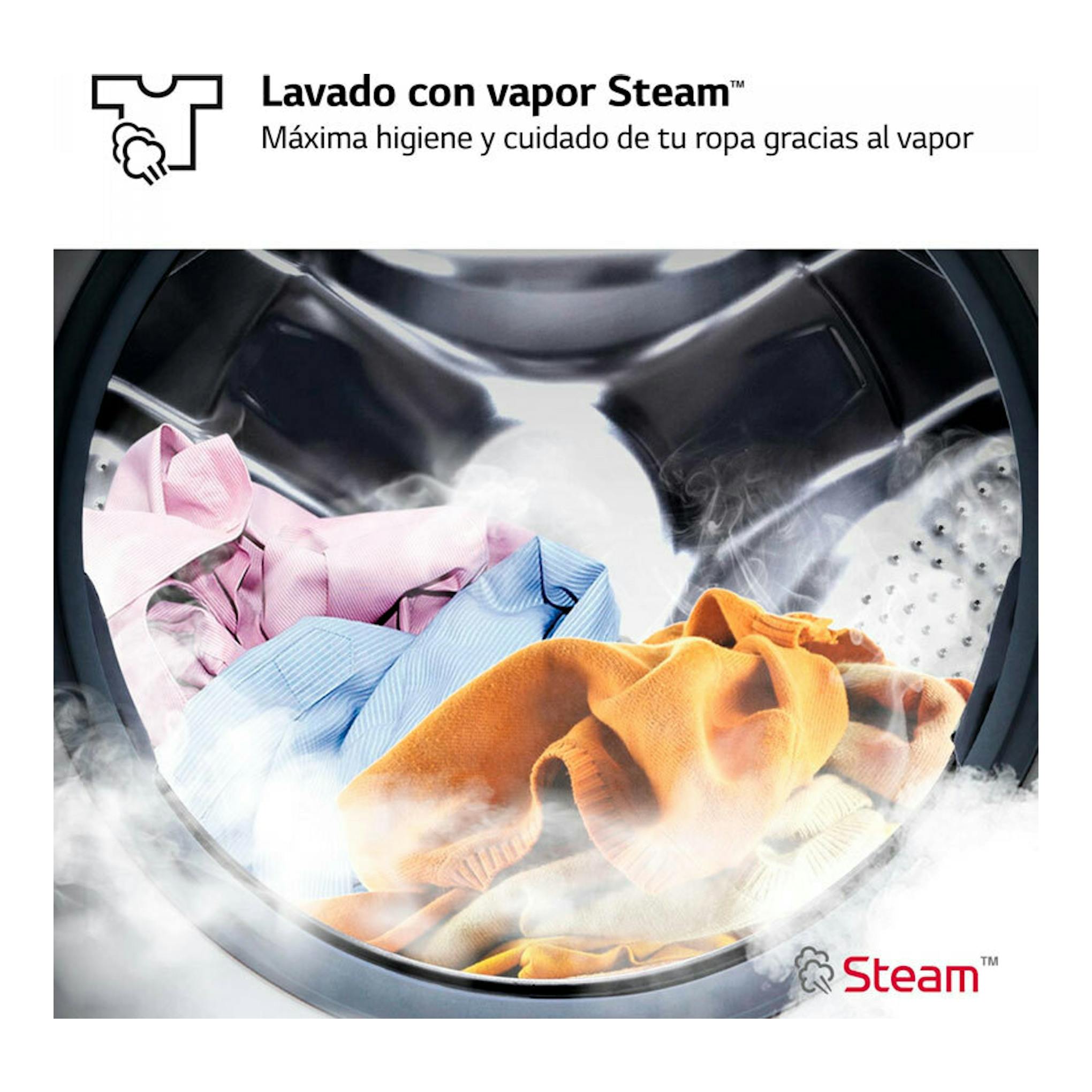 Lavasecadora LG F4DR6010A0W, vista frontal del tambor con ropa y texto “Lavado con vapor Steam”