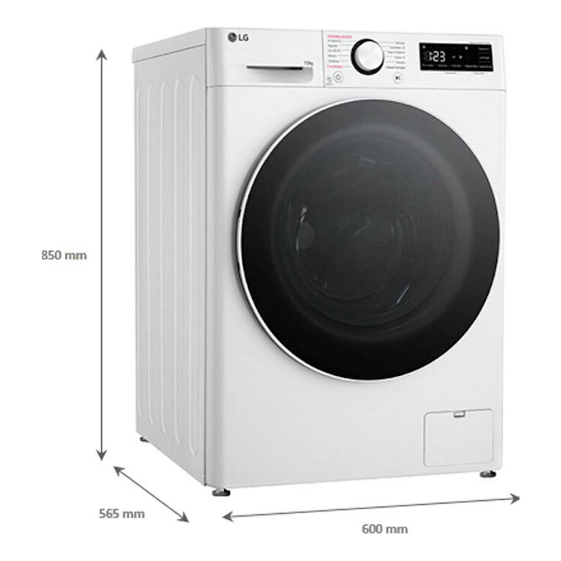 Lavasecadora LG F4DR6010A0W blanca, vista frontal-izquierda, con puerta negra circular y panel digital.