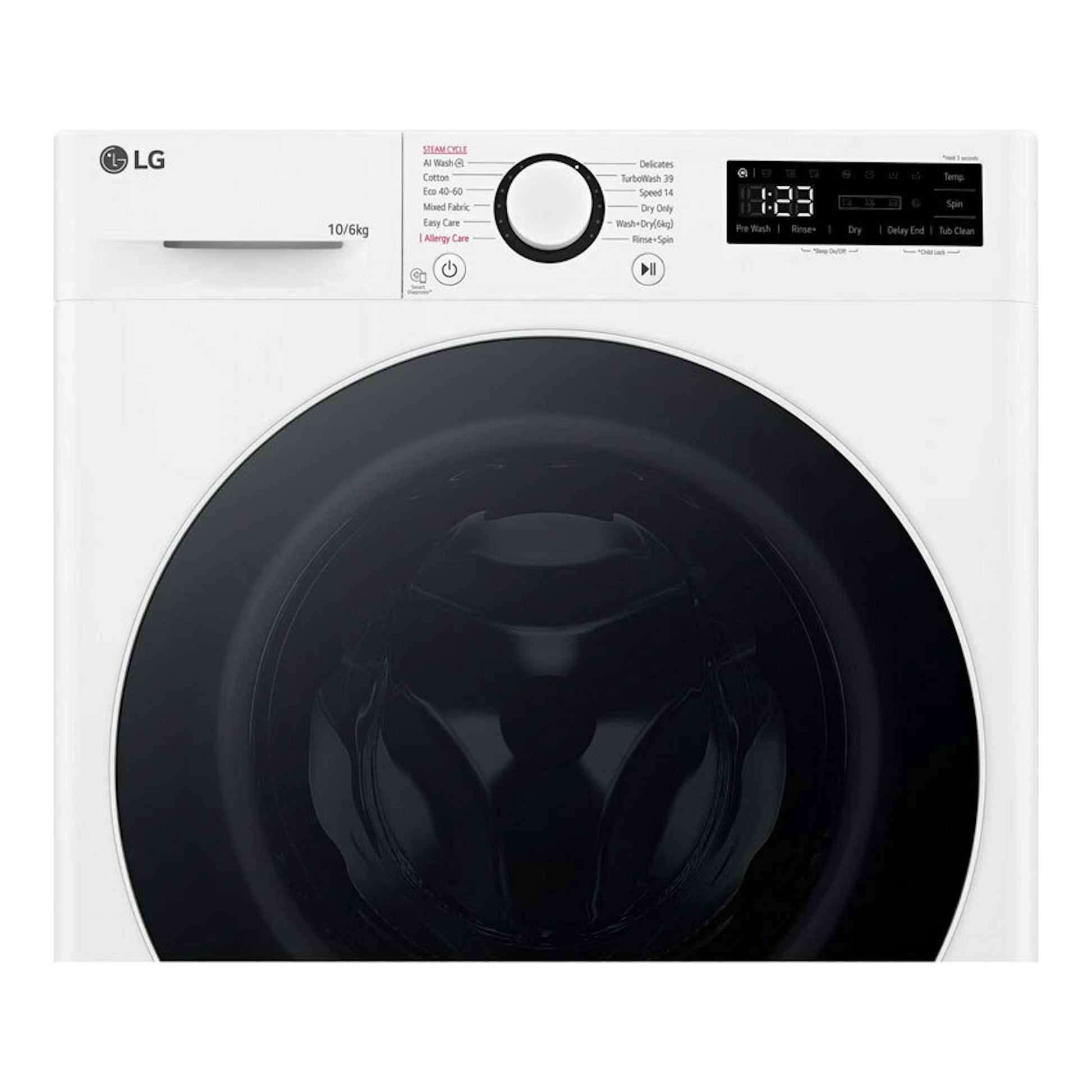 Lavasecadora LG F4DR6010A0W blanca, vista frontal, con puerta negra circular y panel digital superior.