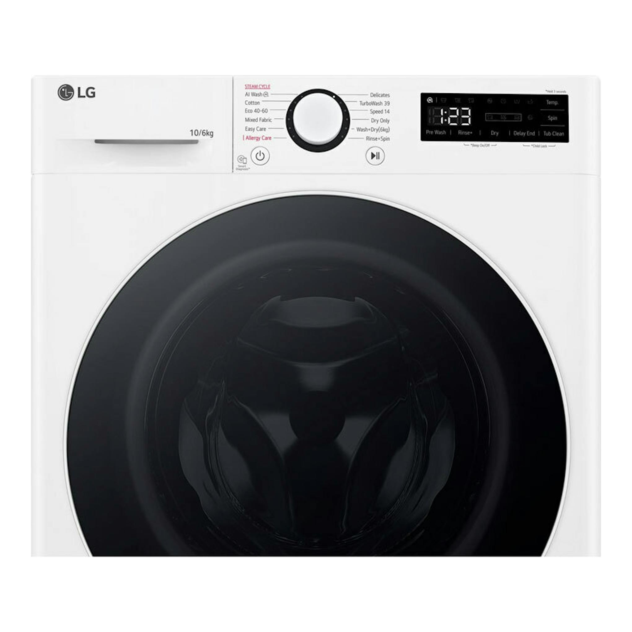 Lavasecadora LG F4DR6010A0W blanca, vista frontal, con puerta negra circular y panel digital superior.
