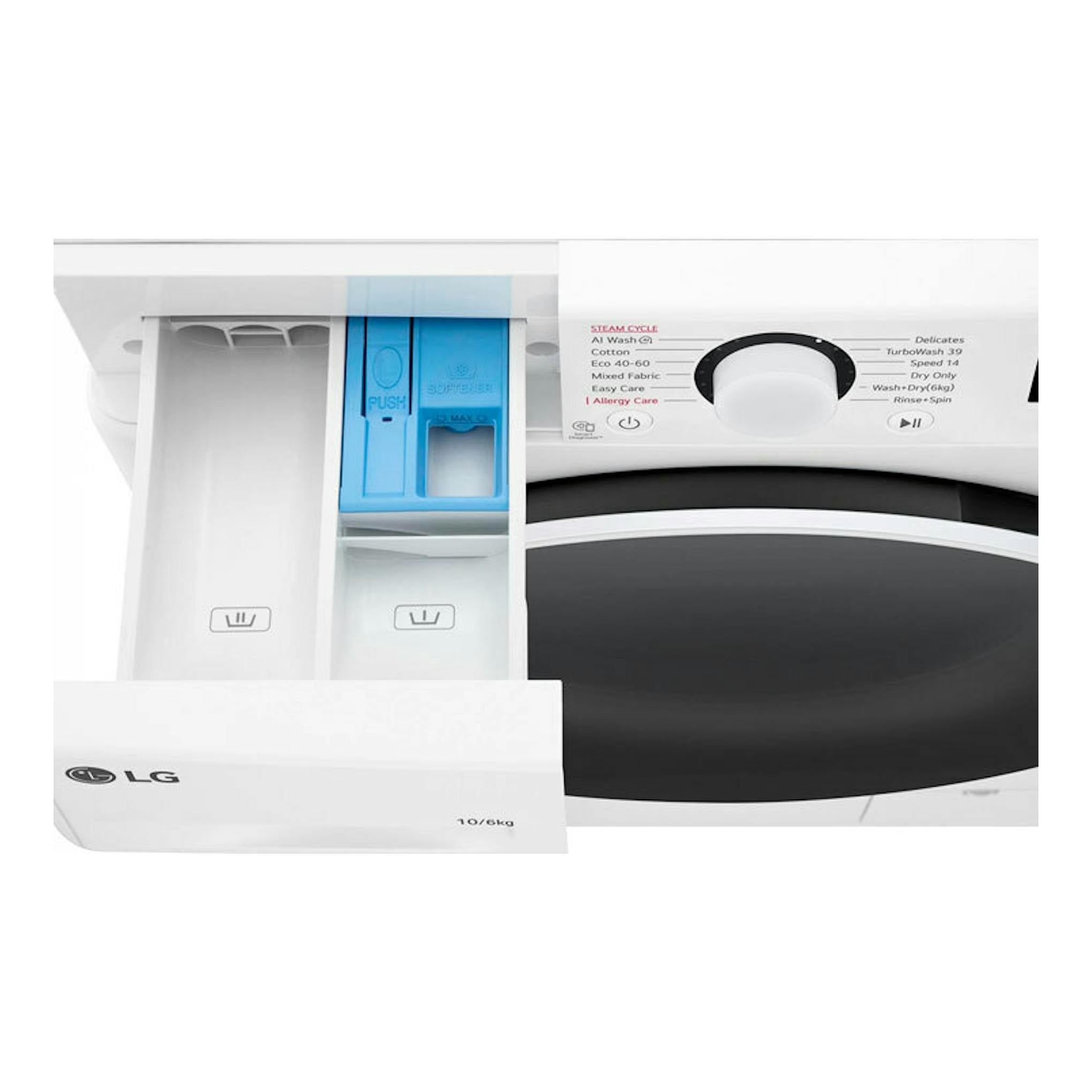 Lavasecadora LG F4DR6010A0W blanca, vista frontal, con cajetín de detergente abierto.