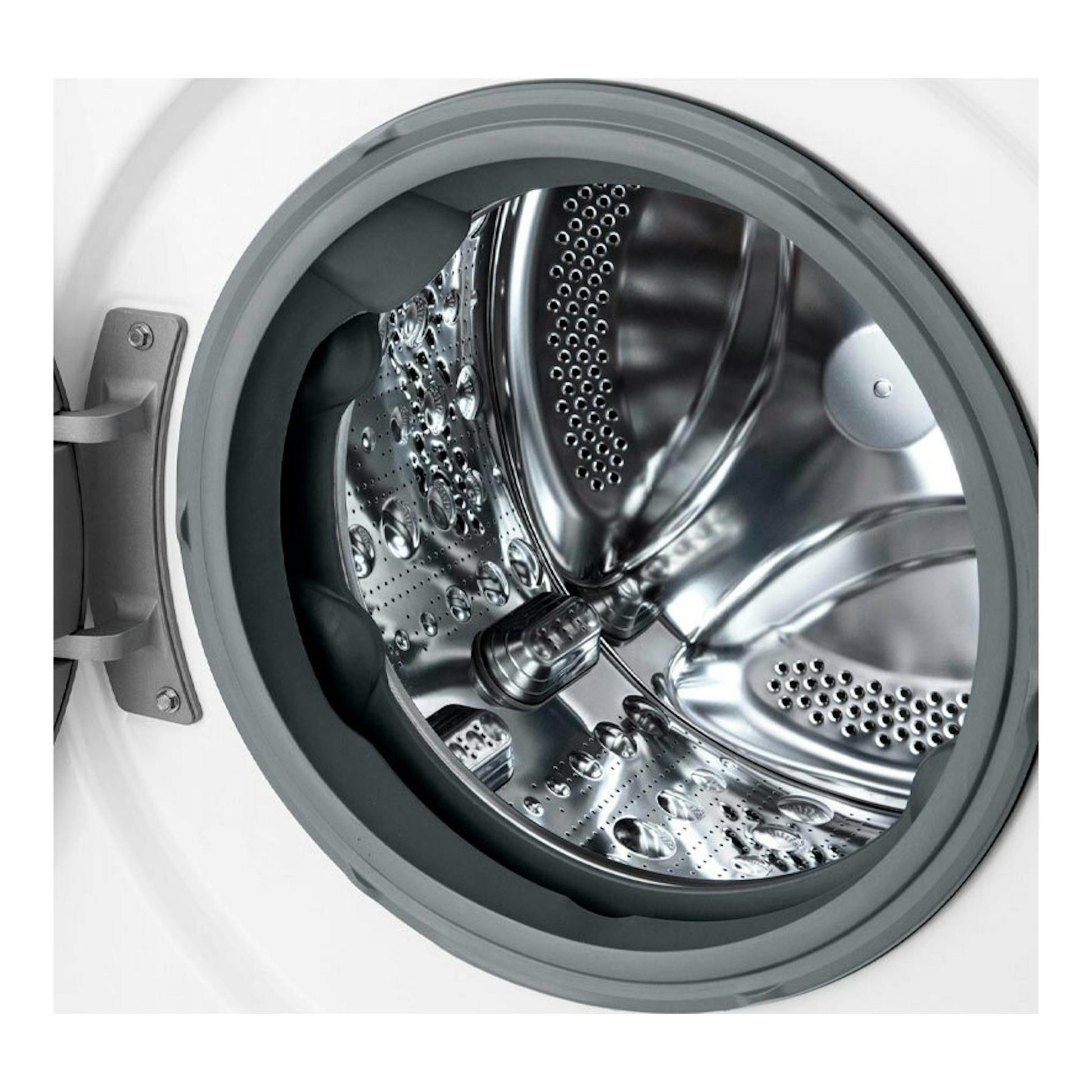 Lavasecadora LG F4DR6010A0W, vista frontal del tambor de acero inoxidable con la puerta abierta.