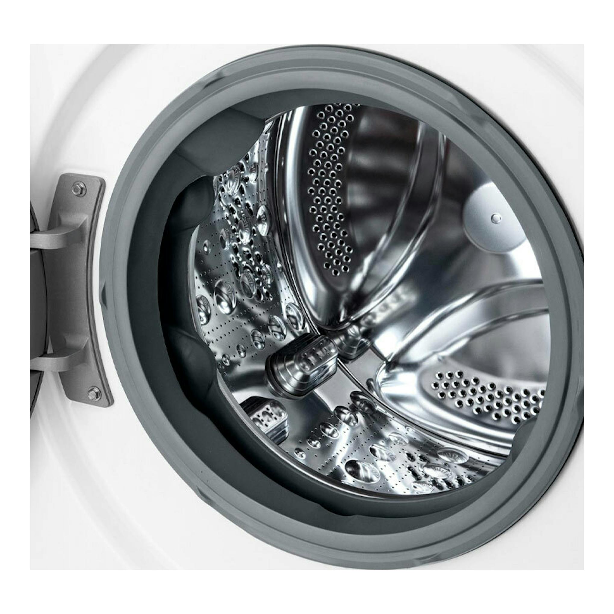 Lavasecadora LG F4DR6010A0W, vista frontal del tambor de acero inoxidable con la puerta abierta.