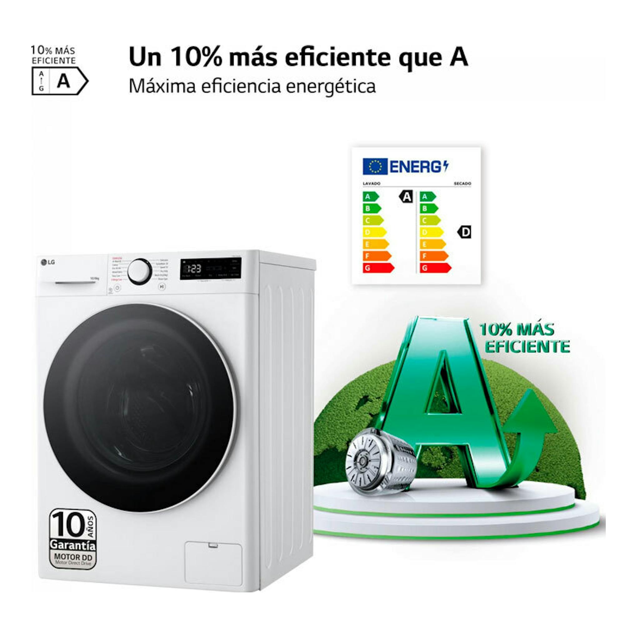 Lavasecadora LG F4DR6010A0W blanca, vista frontal en tres cuartos, con puerta negra y panel digital.