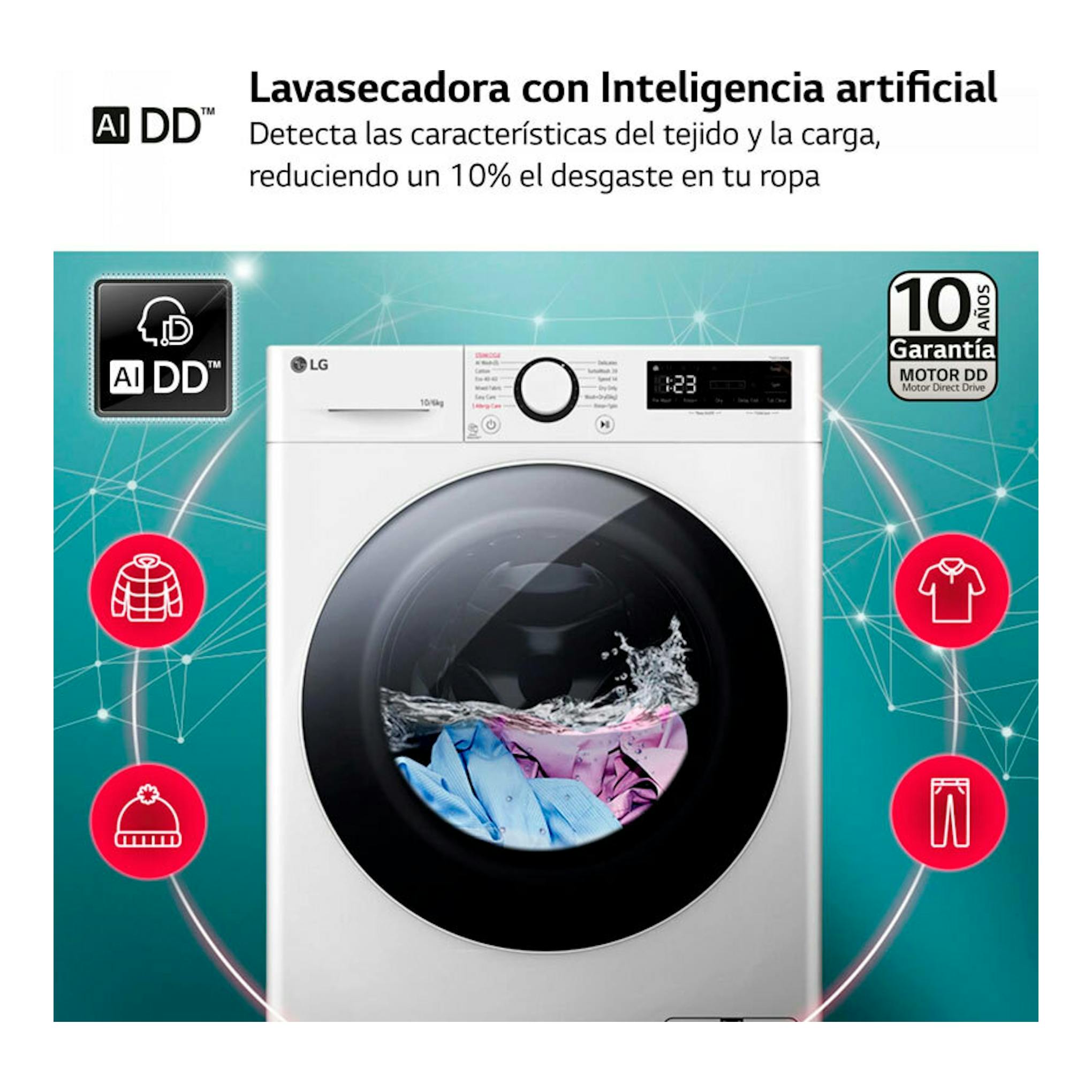 Lavasecadora LG F4DR6010A0W blanca, vista frontal, con puerta negra redonda y panel digital.