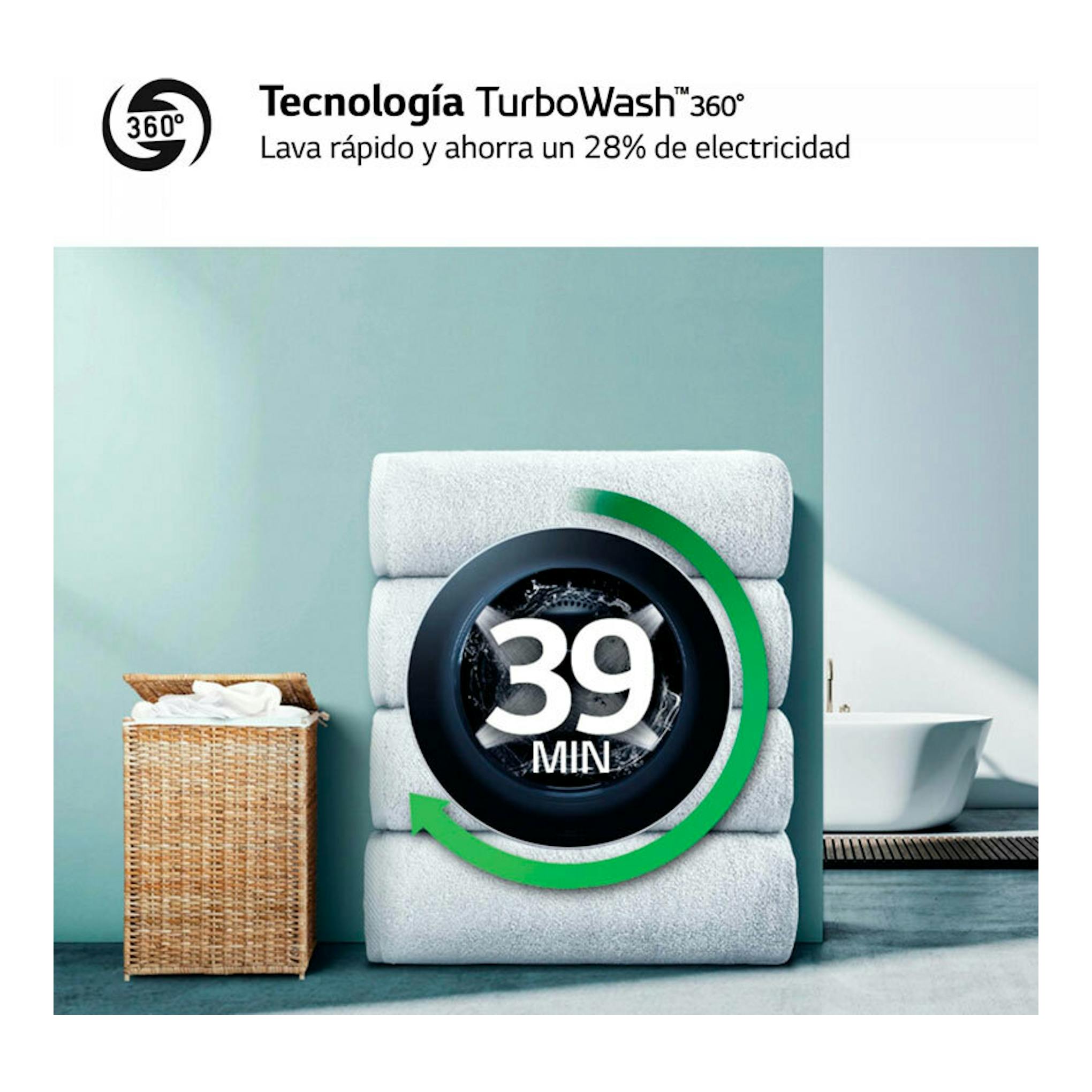 Gráfico promocional de LG F4DR6010A0W con TurboWash 360 y círculo de "39 min" sobre ropa apilada.
