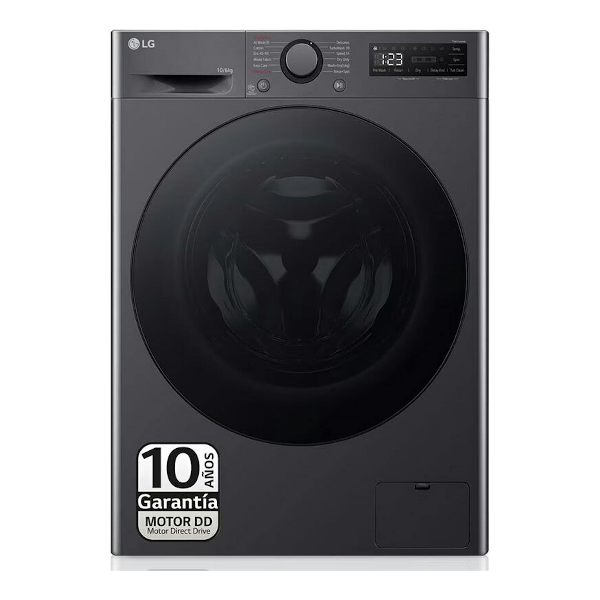 Lavasecadora LG F4DR6010AGM negra, vista frontal, con puerta circular y panel digital.
