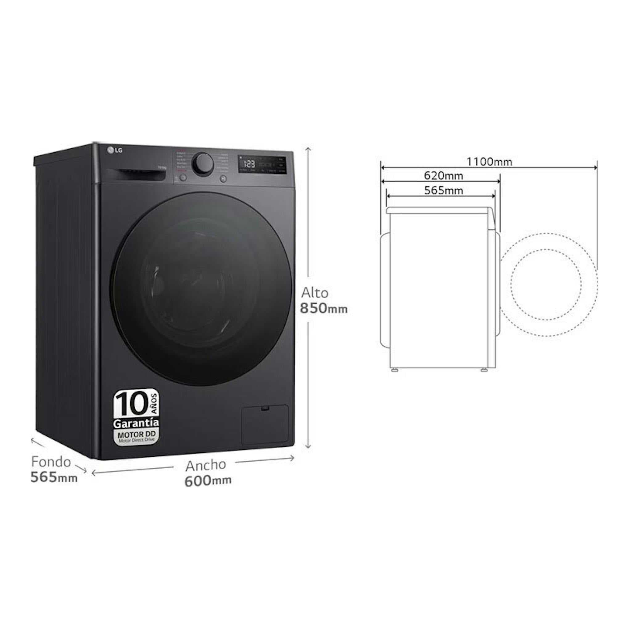 Lavasecadora LG F4DR6010AGM negra, vista frontal en ángulo, con medidas 850 x 600 x 565 mm.
