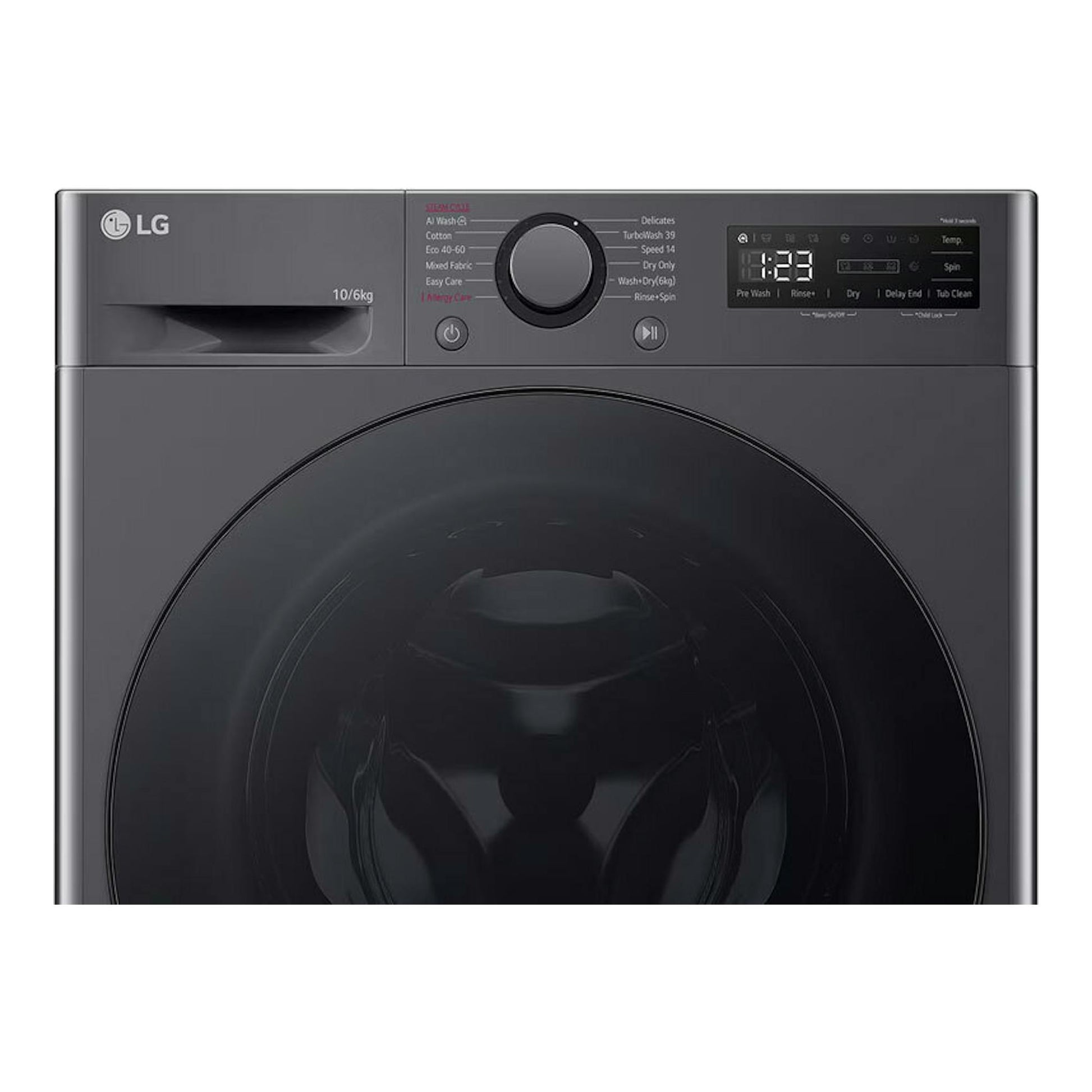 Lavasecadora LG F4DR6010AGM negra, vista frontal, con puerta circular y panel digital superior.