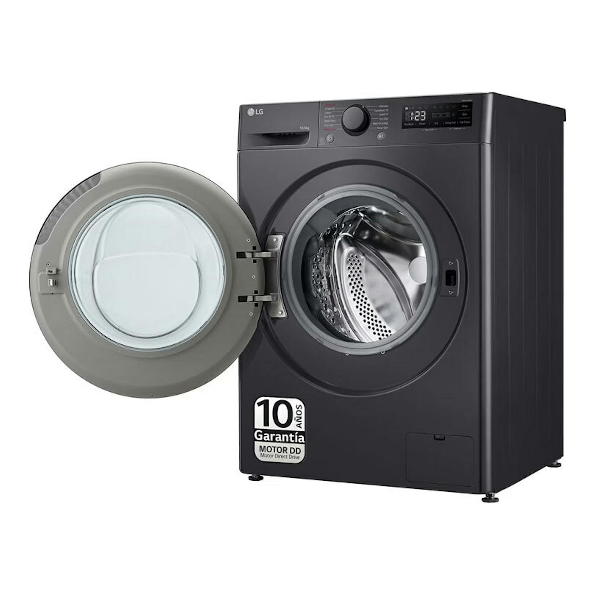 Lavasecadora LG F4DR6010AGM negra de 10 kg, vista frontal, con la puerta abierta.