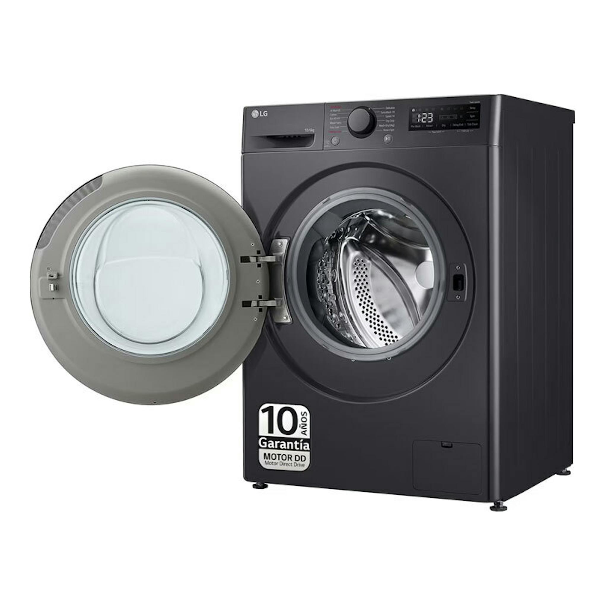 Lavasecadora LG F4DR6010AGM negra de 10 kg, vista frontal, con la puerta abierta.