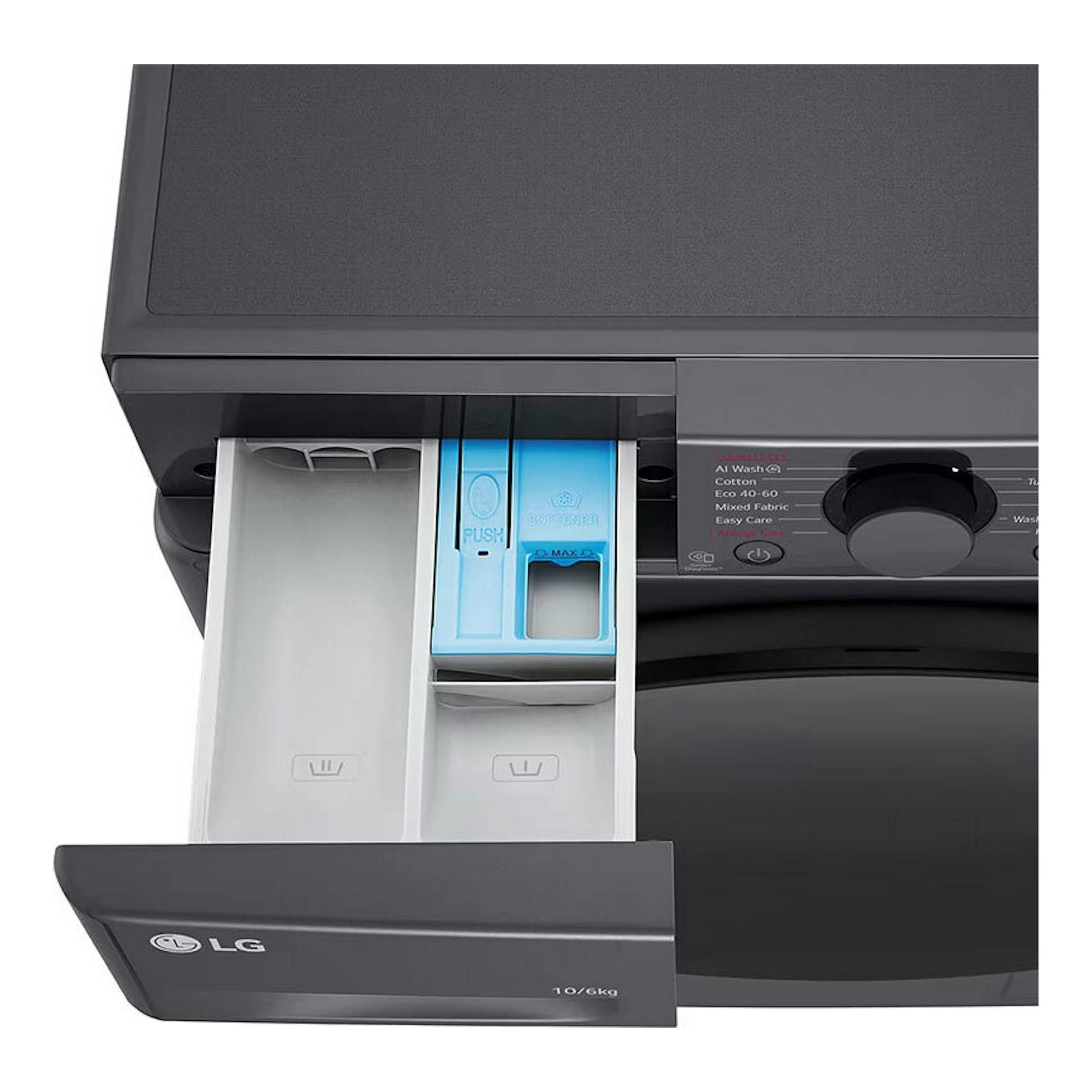 Lavasecadora LG F4DR6010AGM negra, vista frontal parcial, con cajetín de detergente abierto y mando selector.