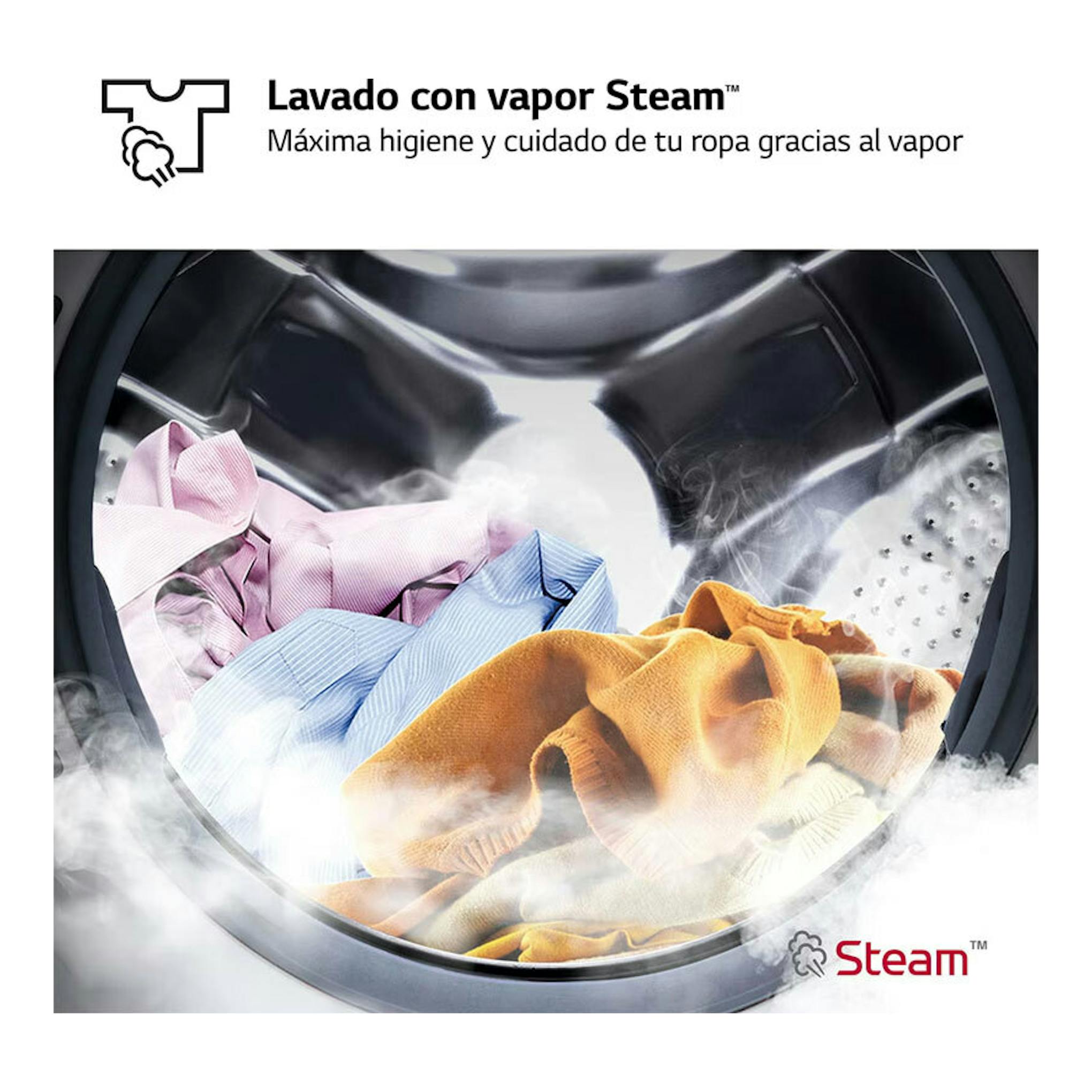LG F4DR6010AGM, vista frontal del tambor de lavasecadora negra con ropa y vapor Steam.
