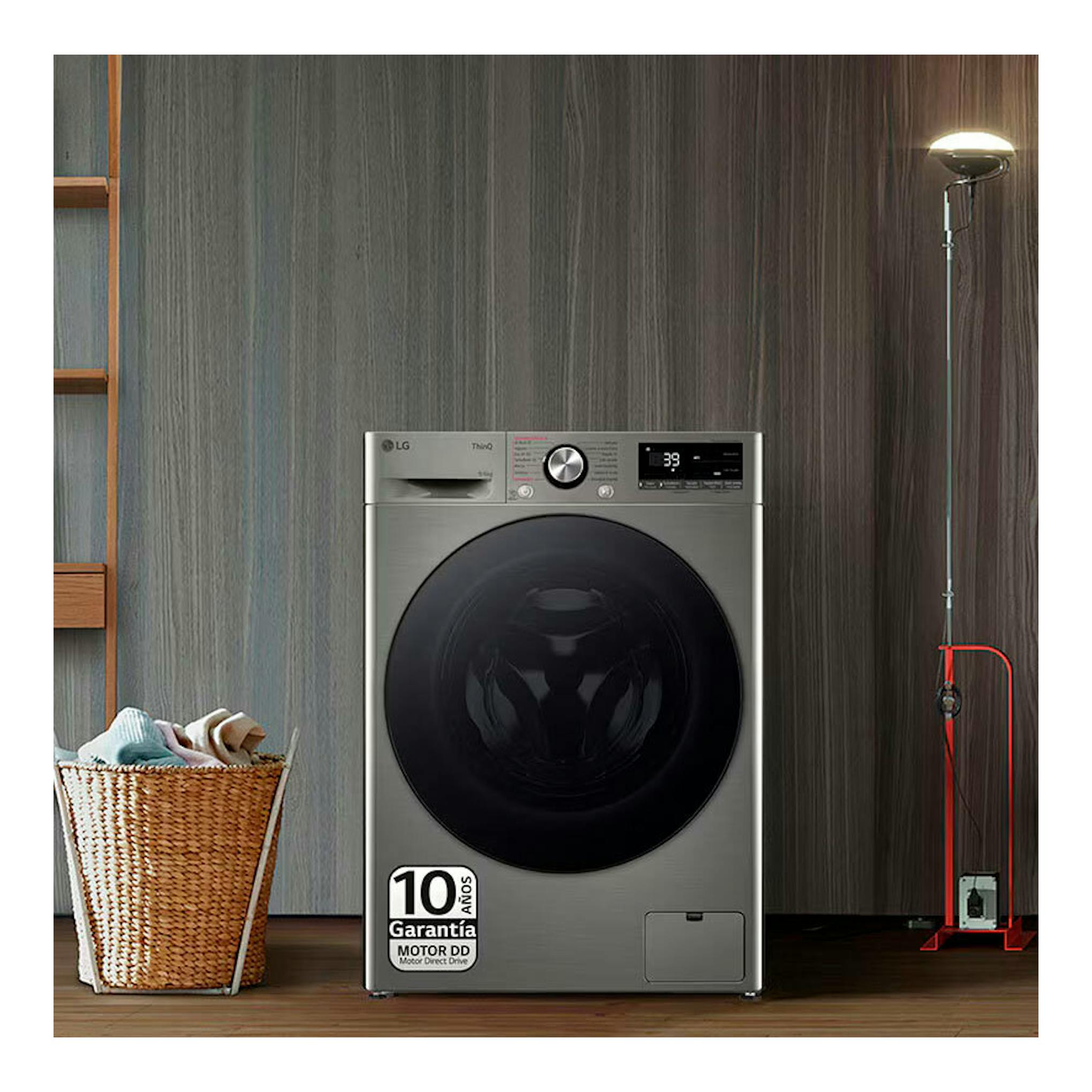 Lavasecadora LG F4DR7009AGS gris, vista frontal, con puerta negra circular y panel digital.