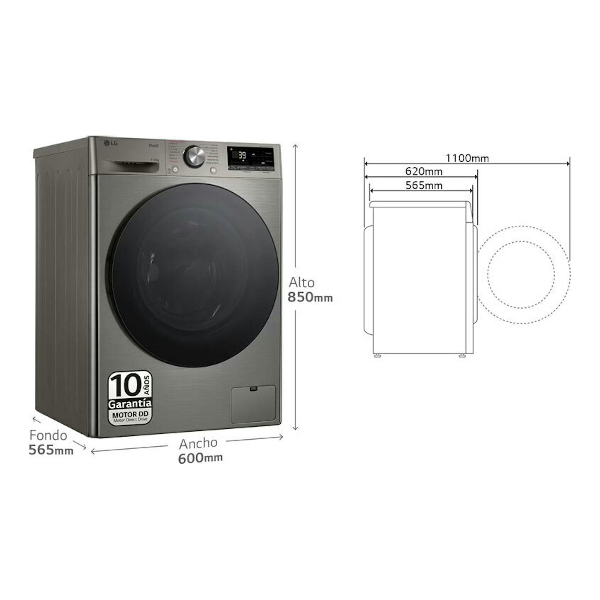 Lavasecadora LG F4DR7011AGS inox, vista frontal, con puerta negra y esquema lateral de medidas.