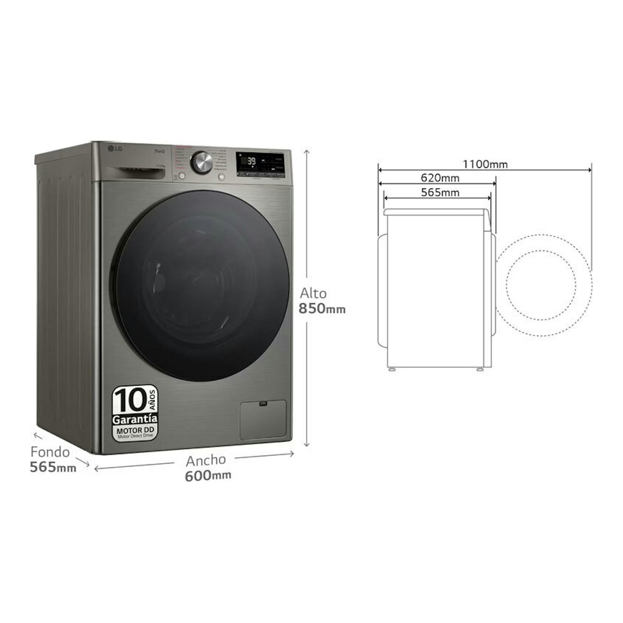 Lavasecadora LG F4DR7011AGS inox, vista frontal, con puerta negra y esquema lateral de medidas.