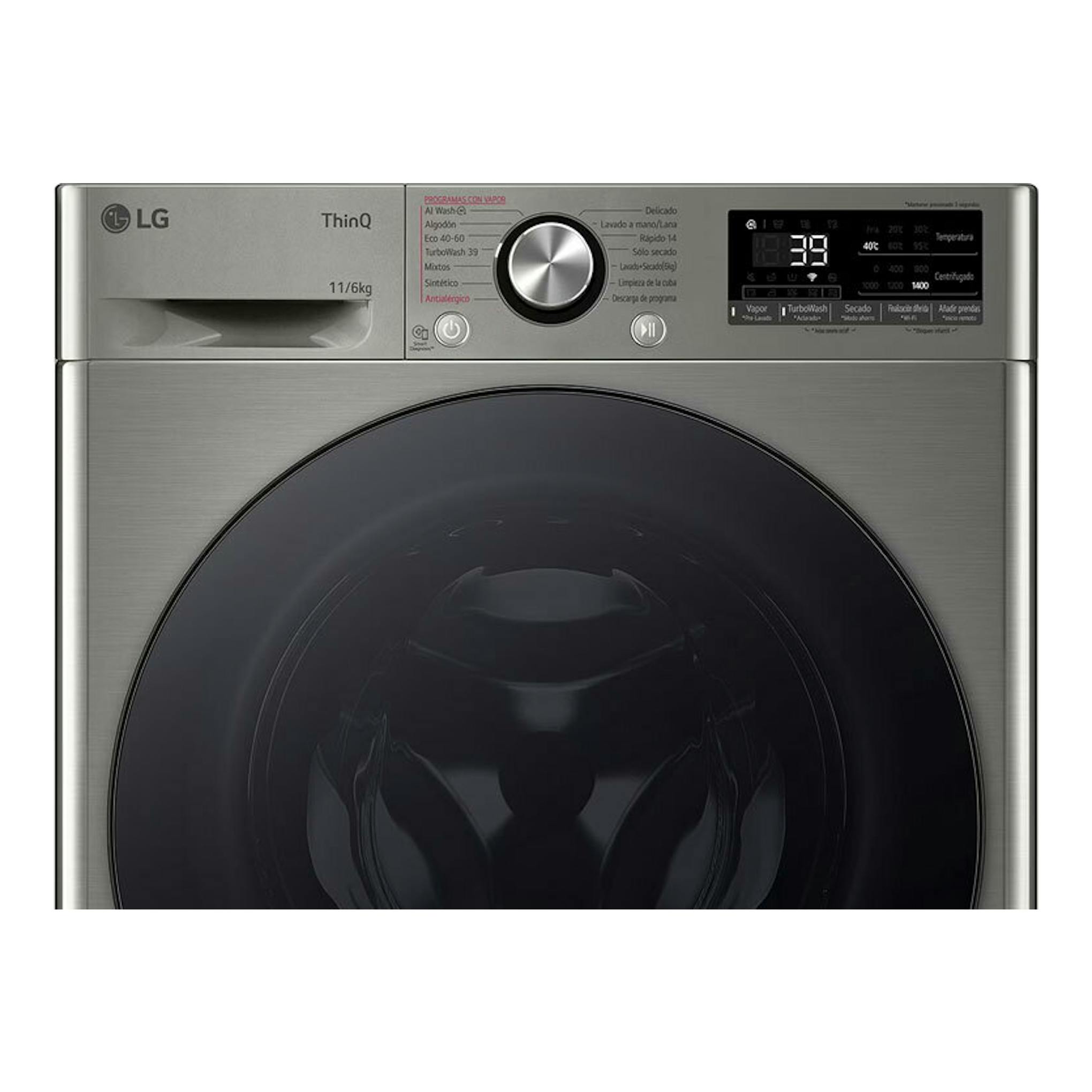 Lavasecadora LG F4DR7011AGS inox, vista frontal, con puerta negra y panel digital superior.