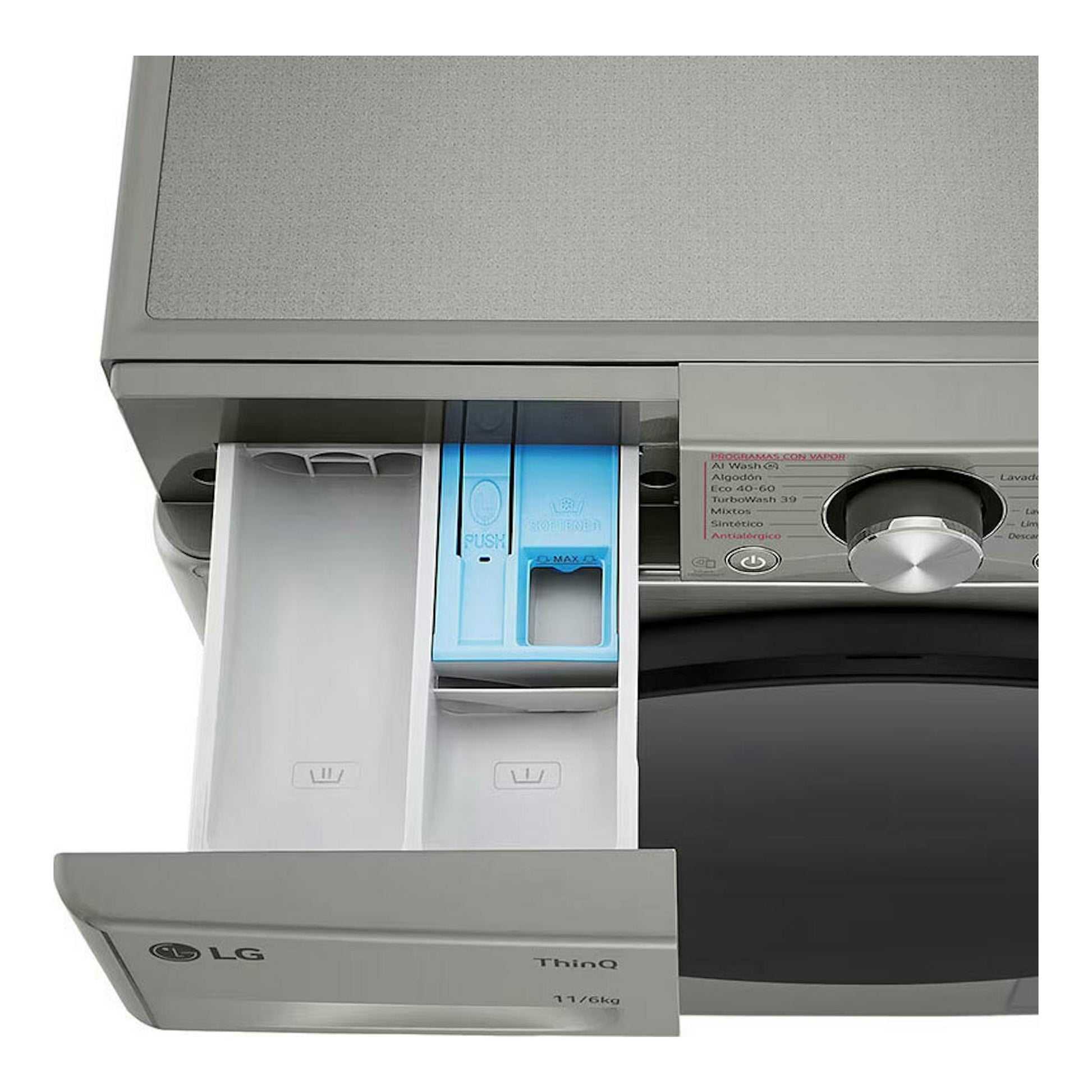 Lavasecadora LG F4DR7011AGS inox, vista frontal parcial con cajón de detergente abierto y selector giratorio.