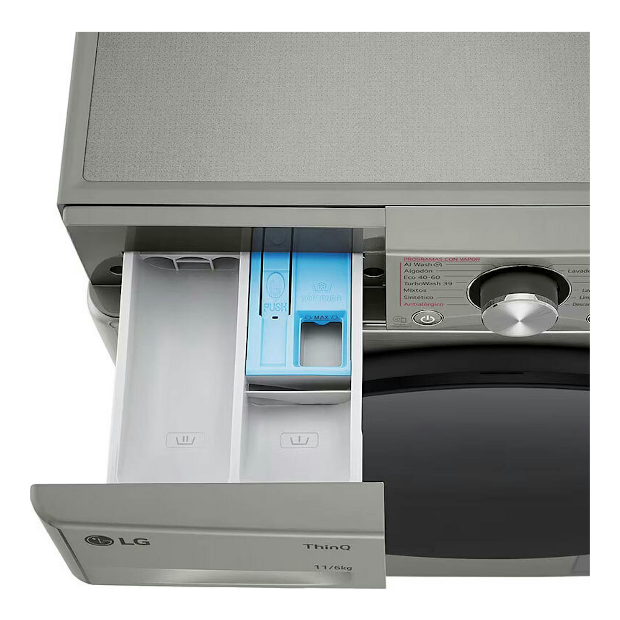Lavasecadora LG F4DR7011AGS inox, vista frontal parcial con cajón de detergente abierto y selector giratorio.