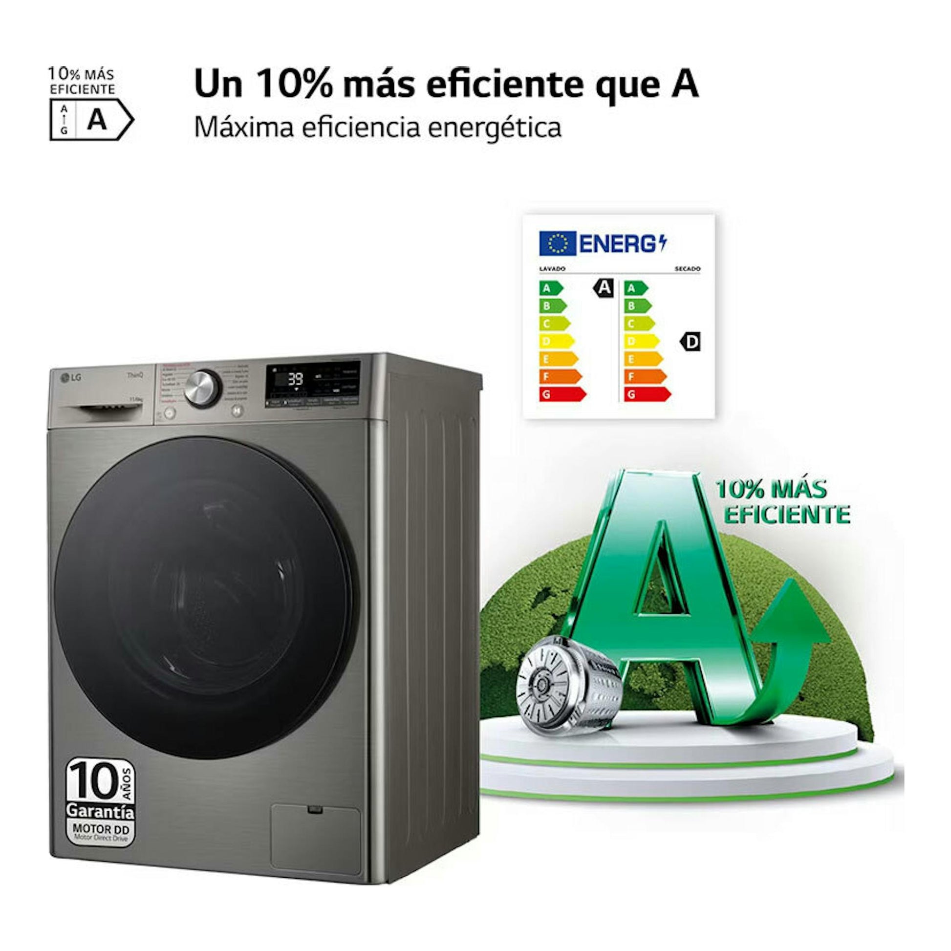 Lavasecadora LG F4DR7011AGS inox, vista frontal, con puerta negra y panel digital.