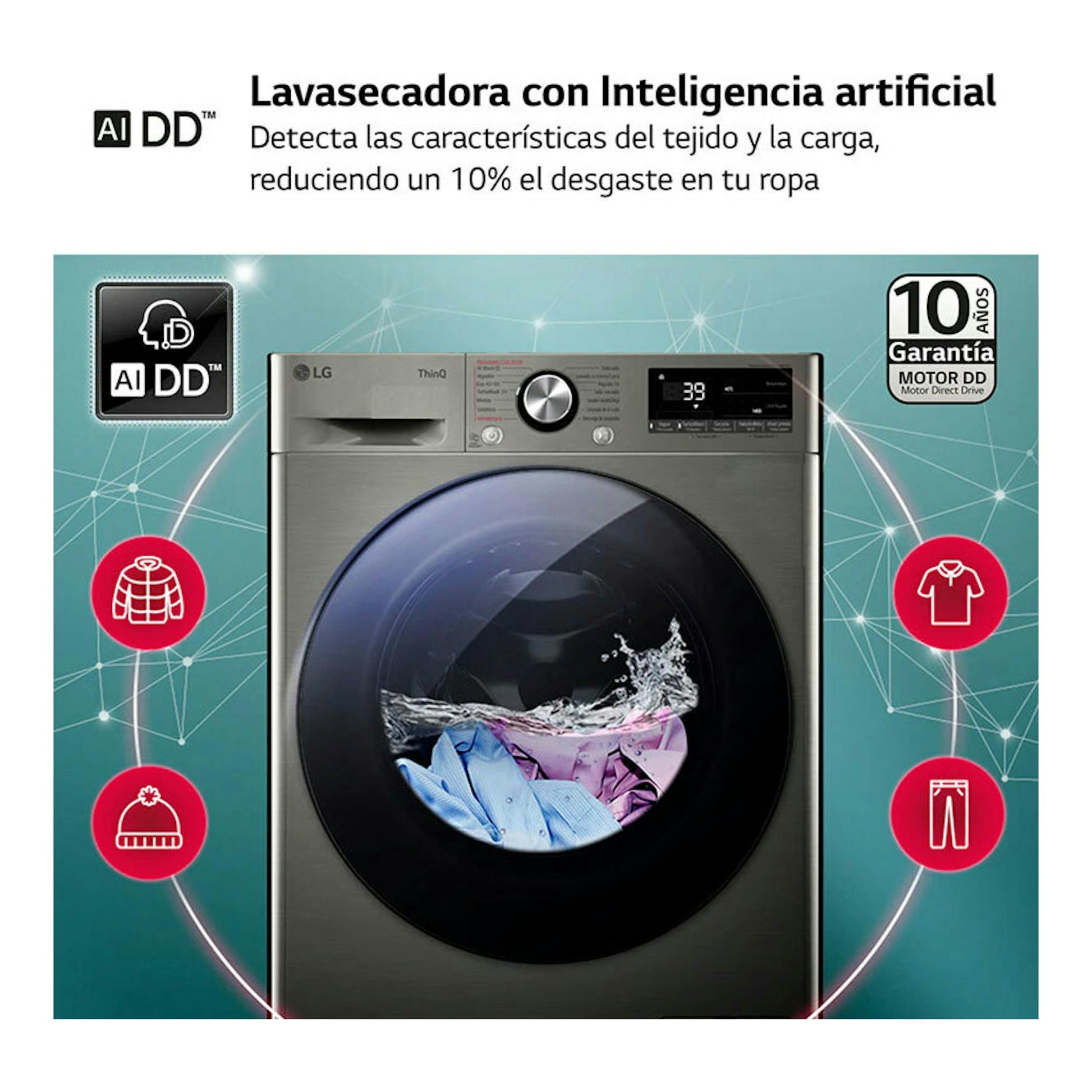 Lavasecadora LG F4DR7011AGS inox, vista frontal, con puerta negra circular y panel digital superior.