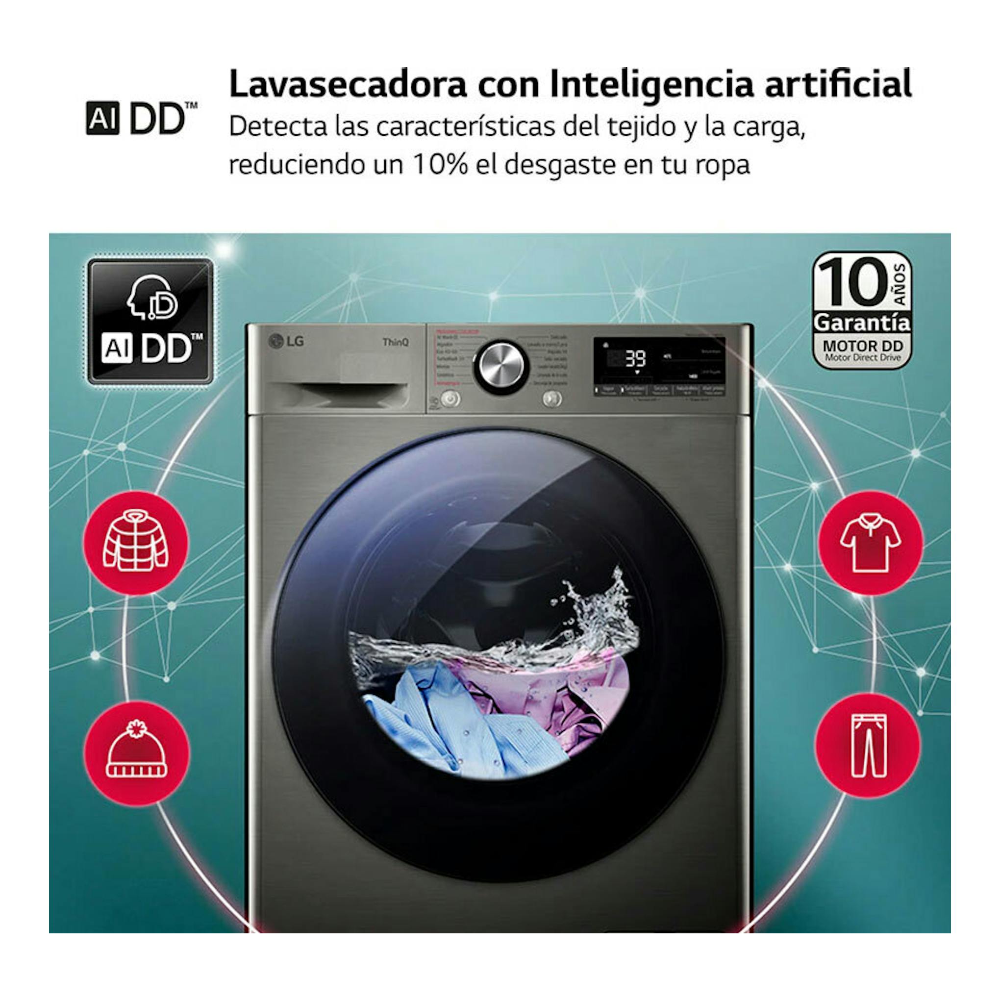 Lavasecadora LG F4DR7011AGS inox, vista frontal, con puerta negra circular y panel digital superior.