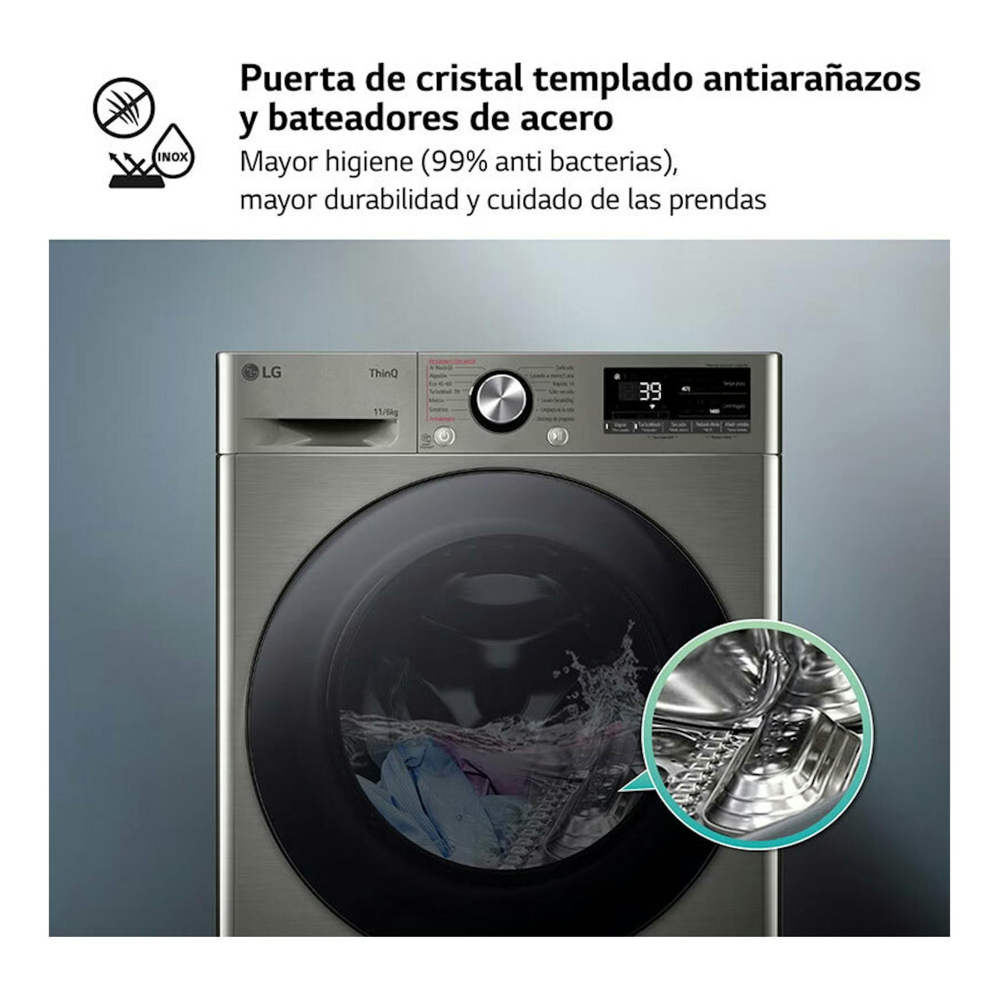 Lavasecadora LG F4DR7011AGS inox, vista frontal, puerta circular negra y panel superior.