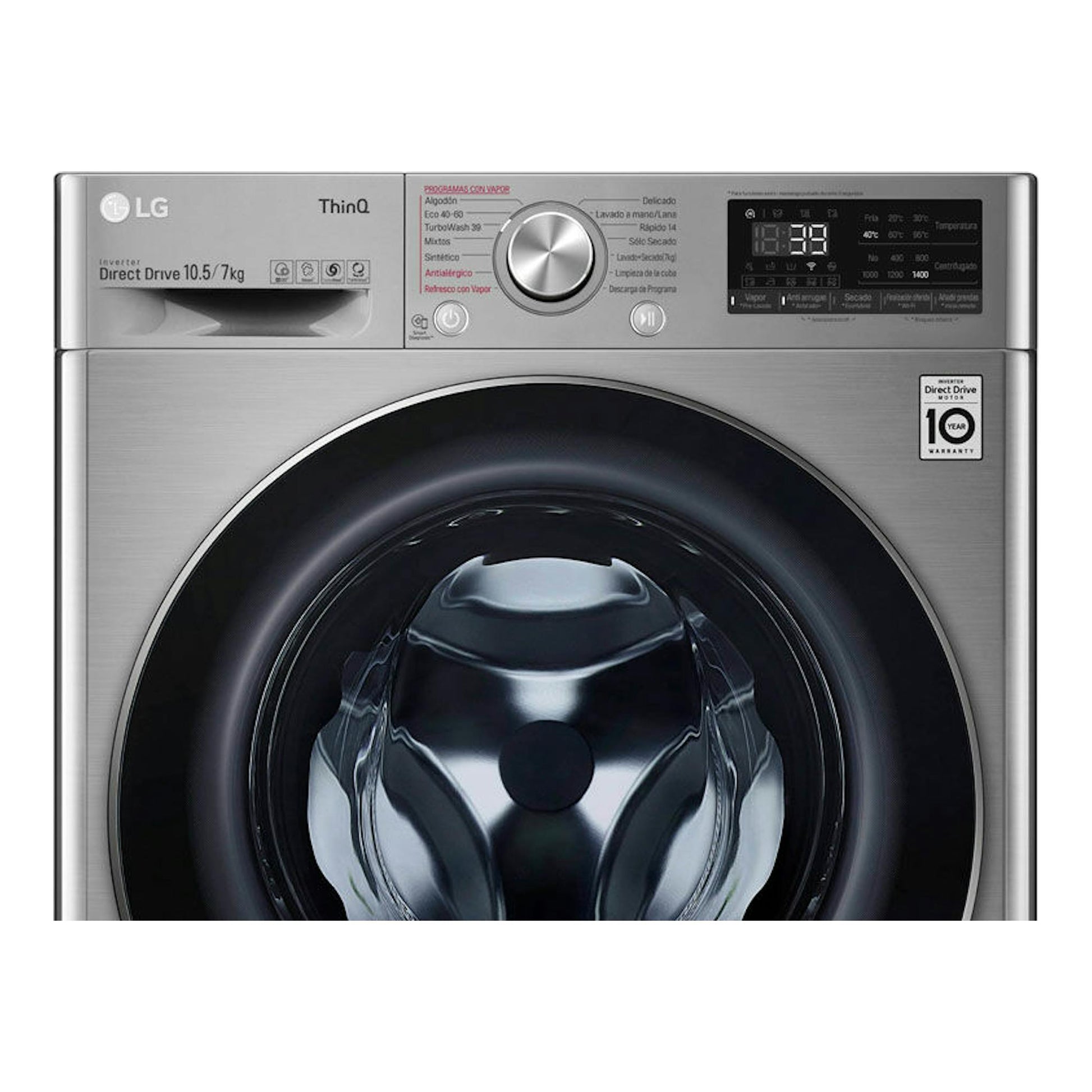 Lavasecadora LG F4DV7010S2S gris plata, vista frontal, con carga frontal y panel de control superior.