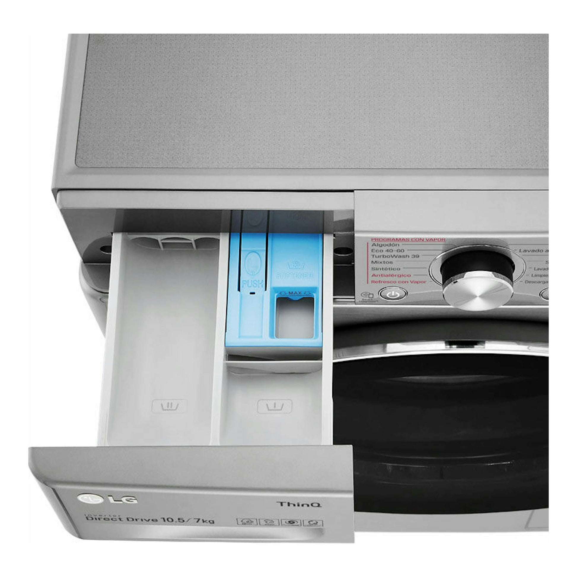 Lavasecadora LG ThinQ F4DV7010S2S en primer plano, con cajetín de detergente abierto y selector frontal.