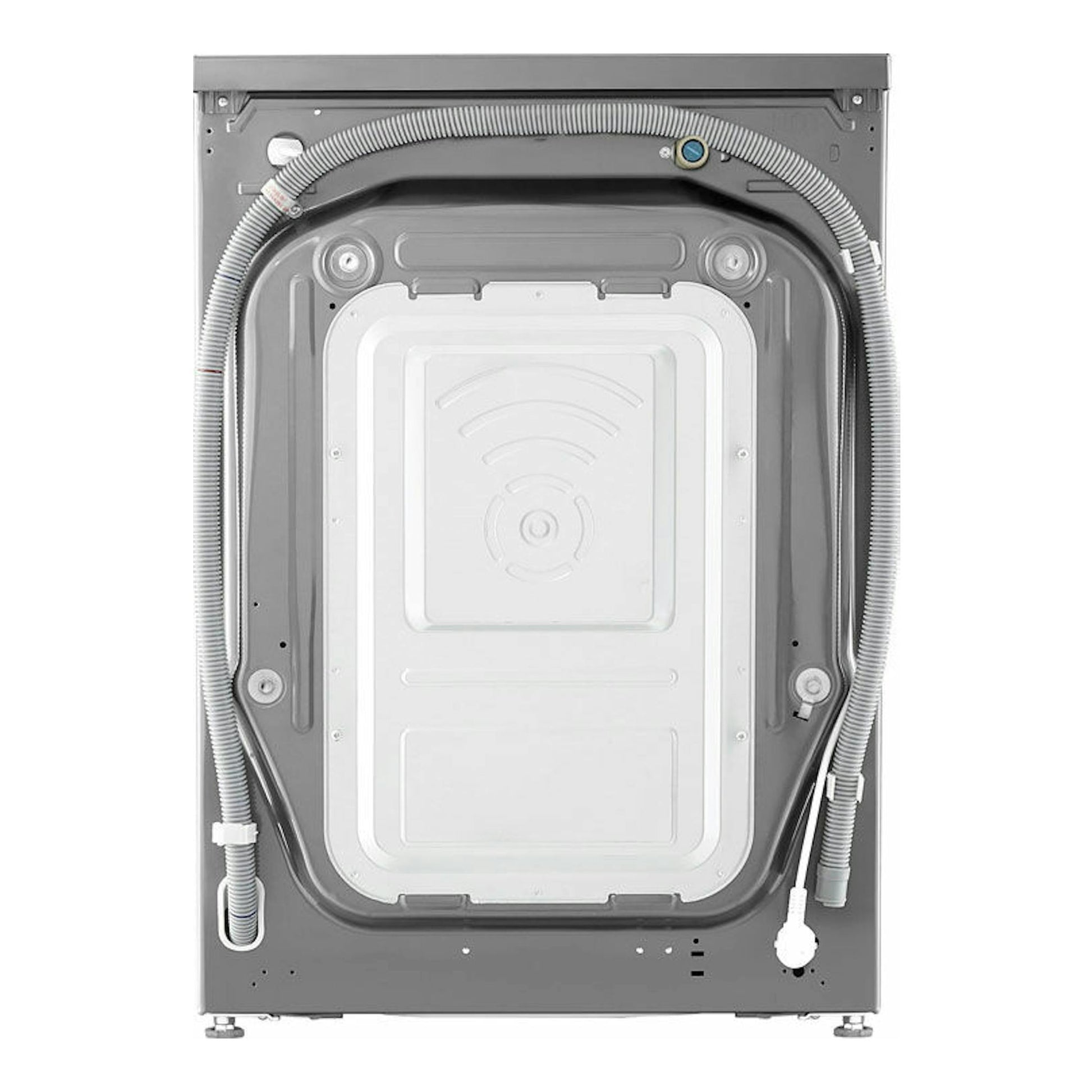 Lavasecadora LG F4DV7010S2S gris, vista trasera con mangueras y panel posterior.