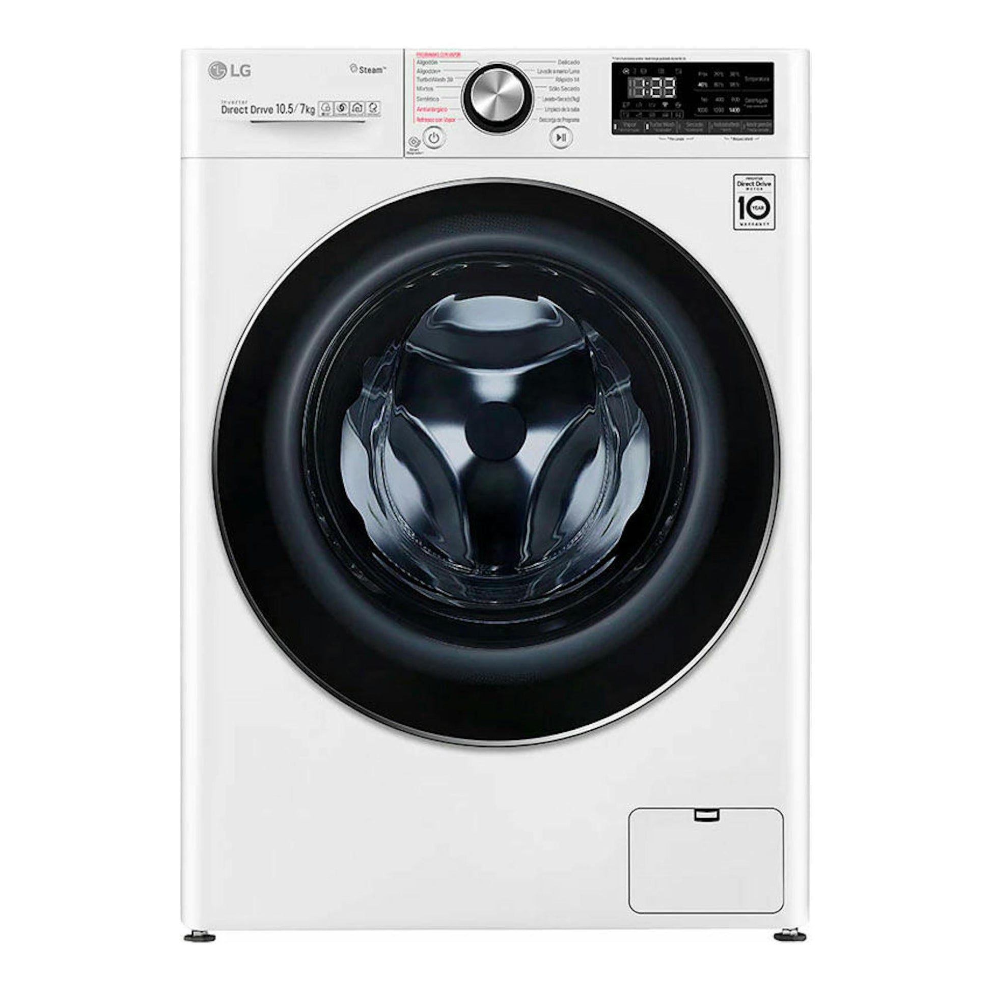 Lavasecadora LG F4DV7510S2W blanca, vista frontal, con puerta negra y panel de control superior.