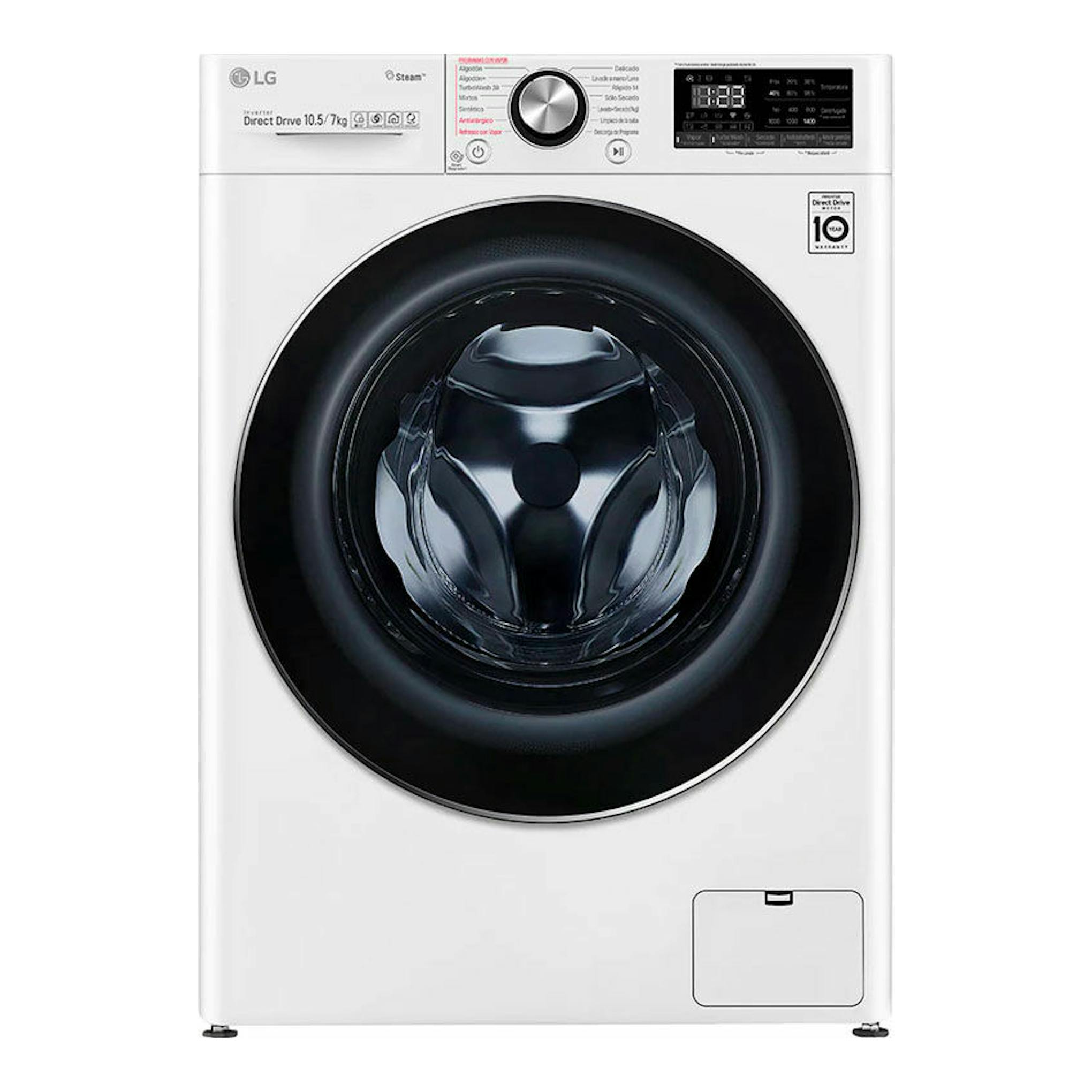 Lavasecadora LG F4DV7510S2W blanca, vista frontal, con puerta negra y panel de control superior.
