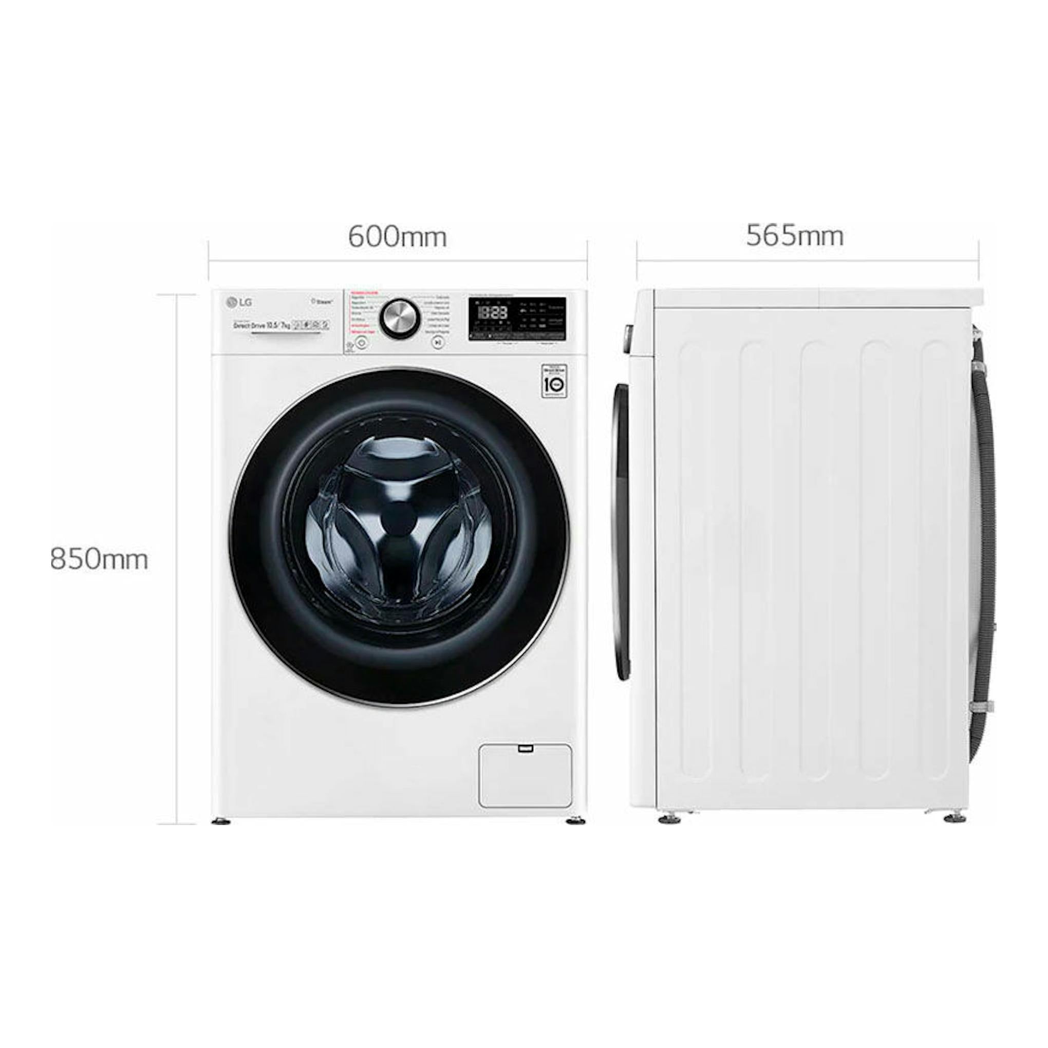 Lavasecadora LG F4DV7510S2W blanca, vista frontal y lateral, con medidas 850 x 600 x 565 mm.