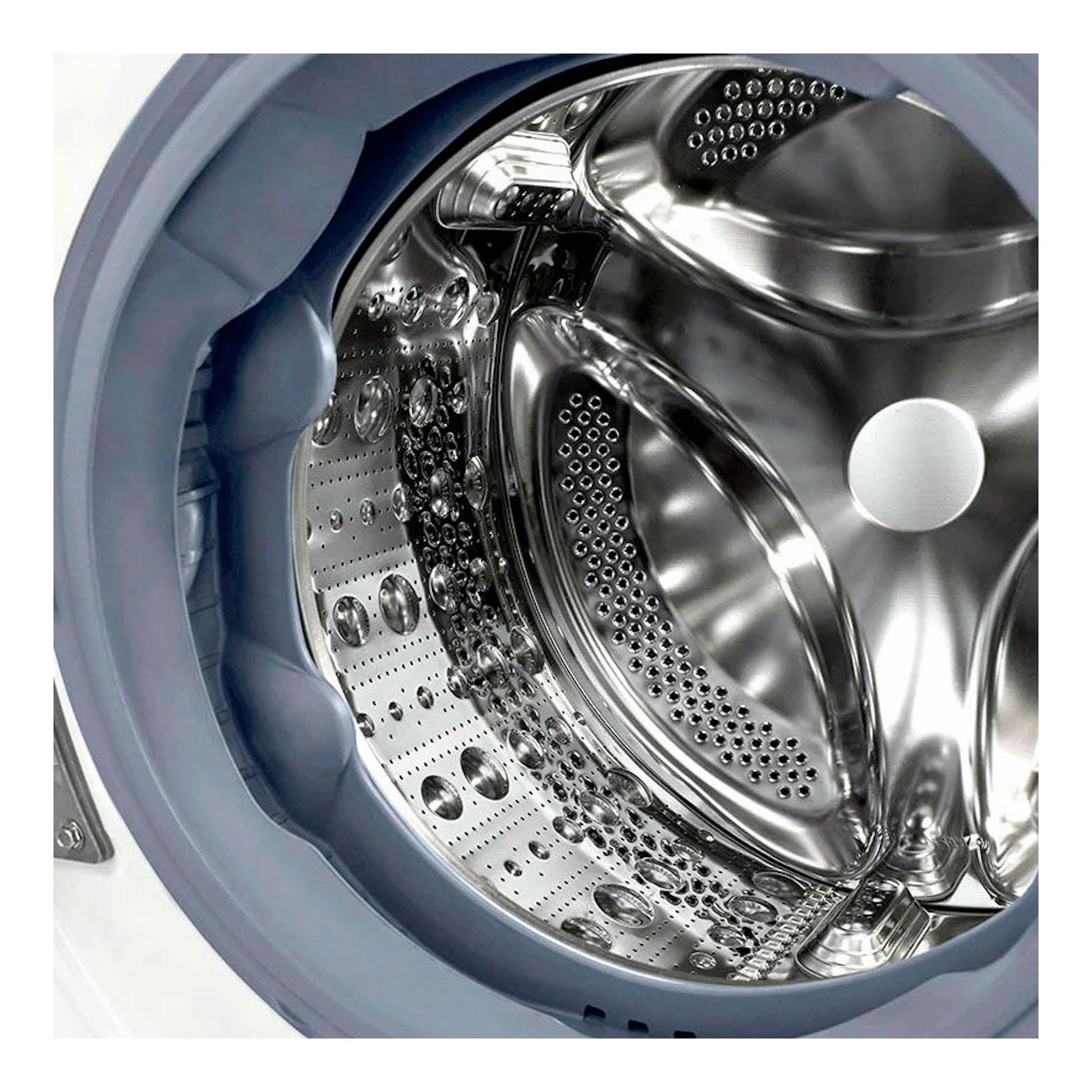Interior del tambor de una lavasecadora LG F4DV7510S2W, vista frontal en acero inoxidable con junta gris.