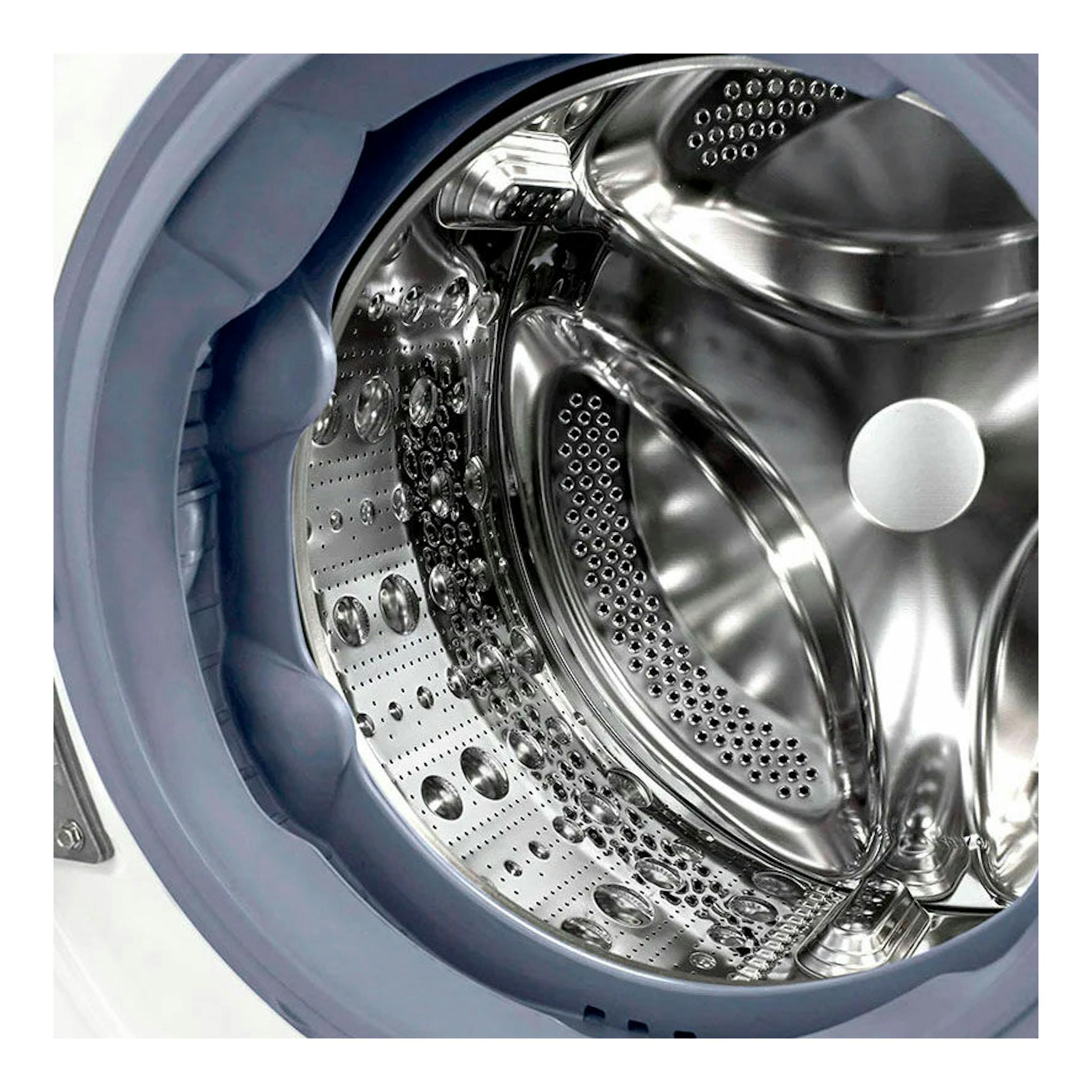 Interior del tambor de una lavasecadora LG F4DV7510S2W, vista frontal en acero inoxidable con junta gris.